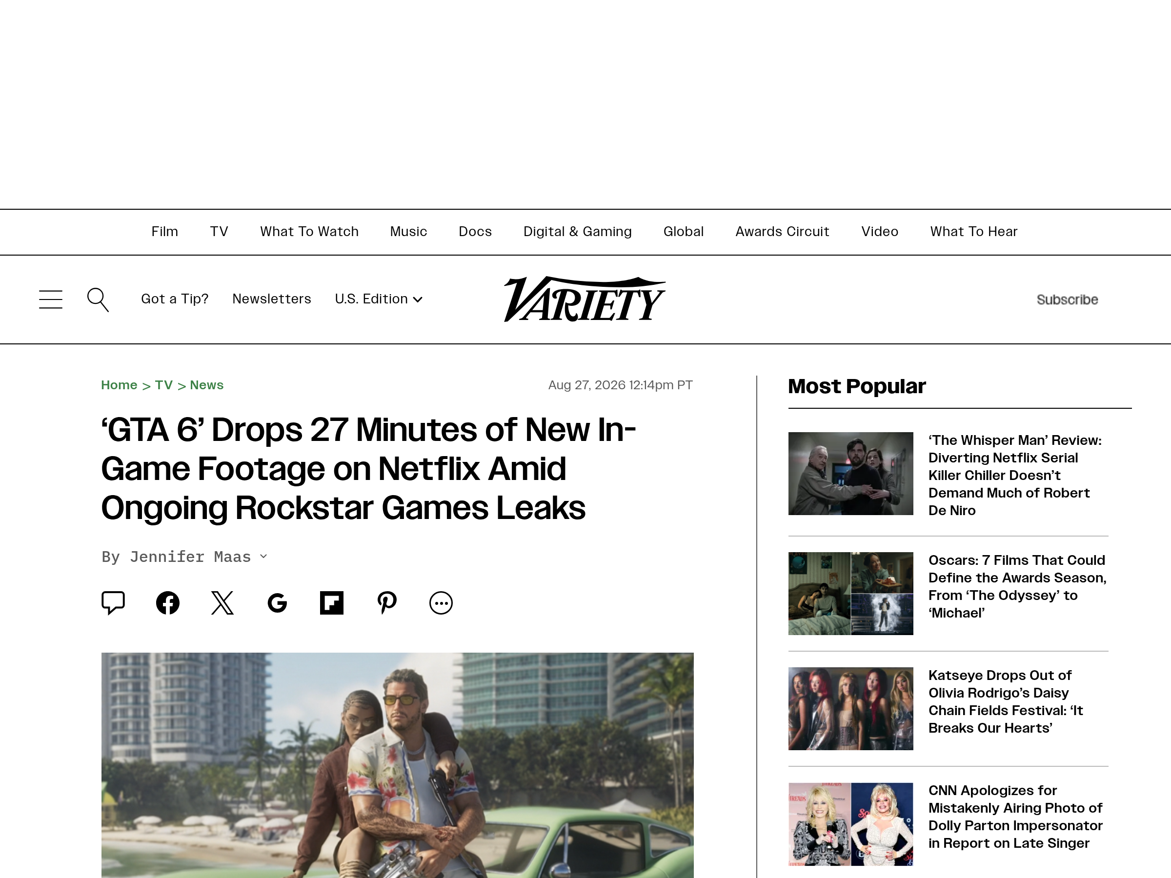Le titre de Variety, qui relie les 27 minutes de séquences aux fuites en cours chez Rockstar