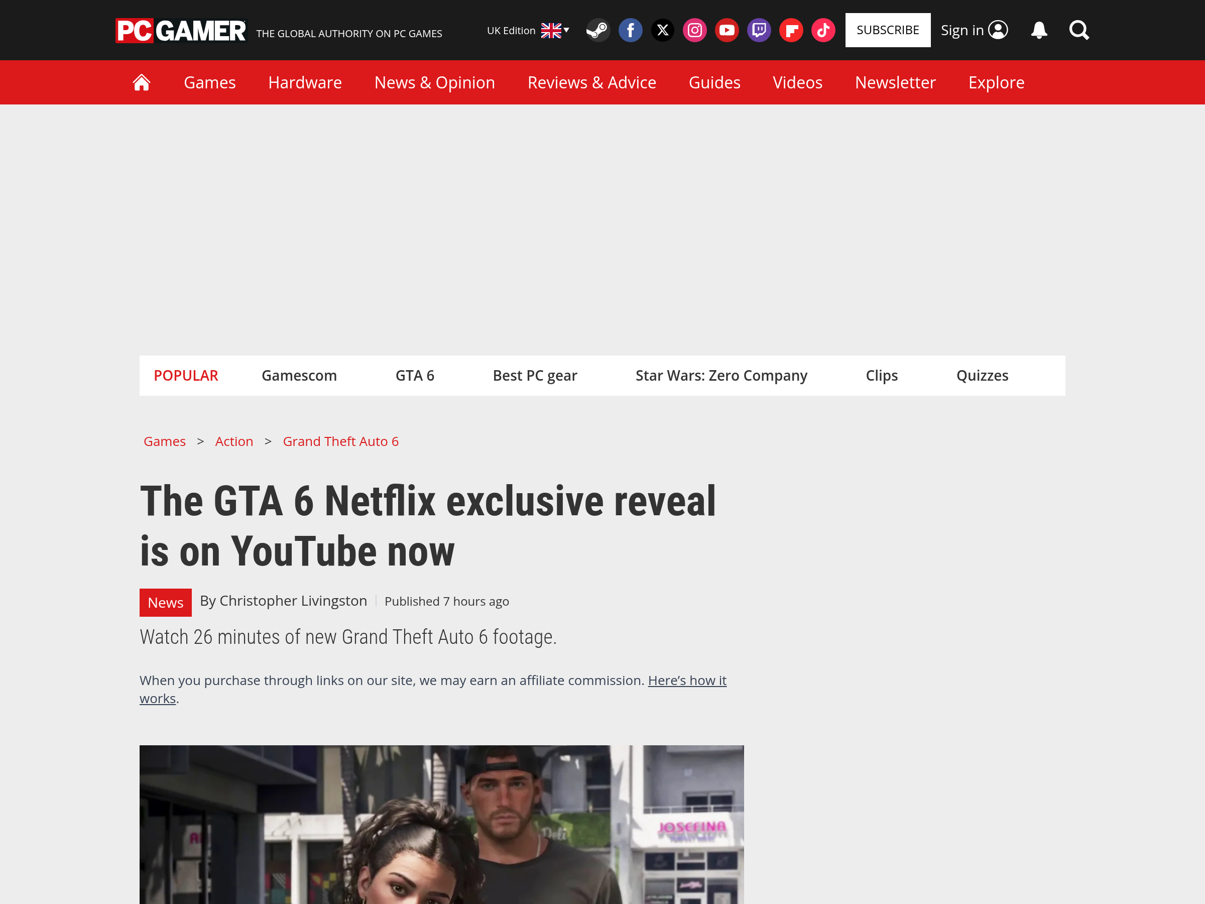 Le titre de PC Gamer annonçant l'arrivée de la présentation sur YouTube, avec Jason et Lucia dans une rue de Vice City