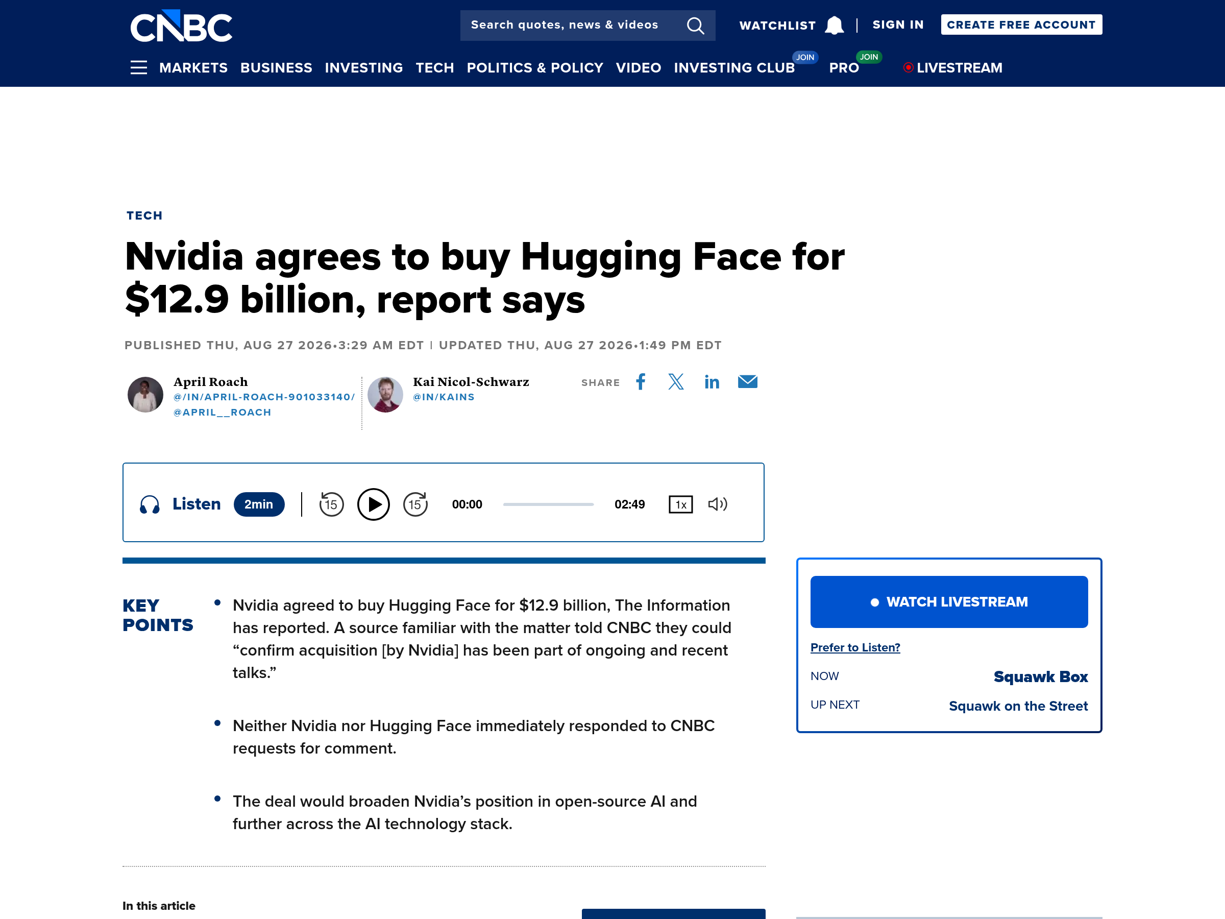 L'article de CNBC et ses points clés, dont la mention que ni Nvidia ni la plateforme n'ont répondu