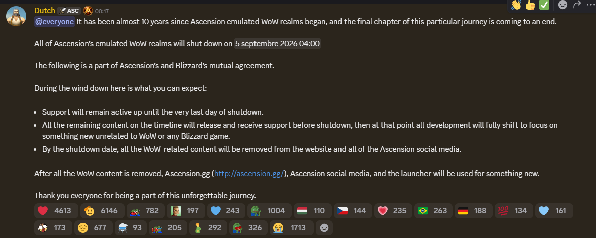 Le message d'annonce sur le Discord officiel, listant les étapes de l'extinction et ses milliers de réactions