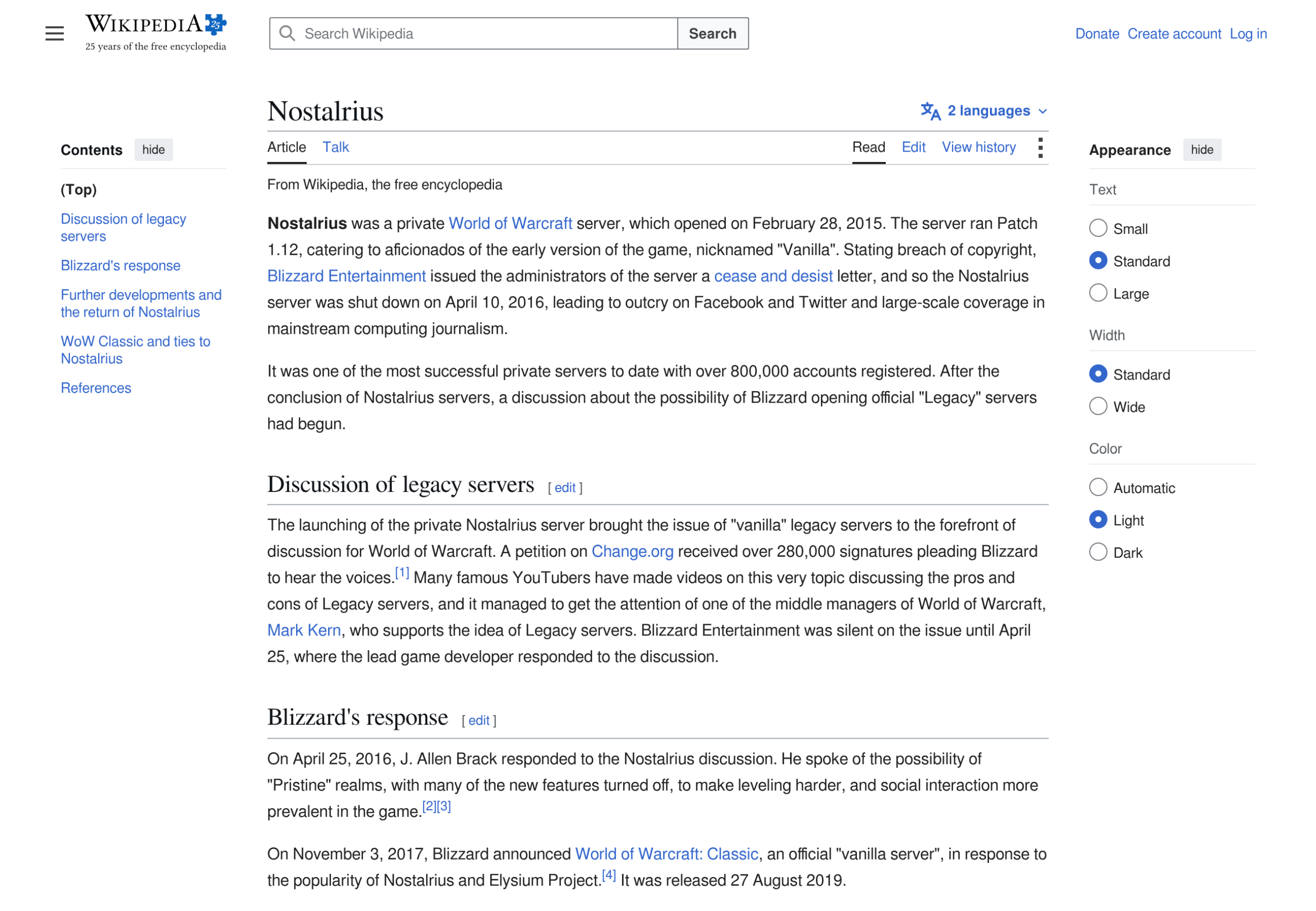 La page Wikipédia de Nostalrius, qui retrace la fermeture de 2016 et l'annonce de WoW Classic en 2017