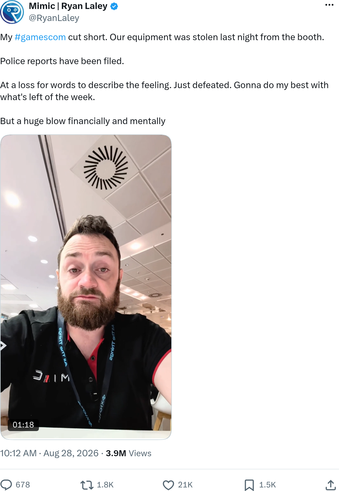 Message publié sur X par le développeur Ryan Laley, annonçant le vol de son matériel, avec la vignette de la vidéo où il s'exprime au salon et un compteur de 3,9 millions de vues