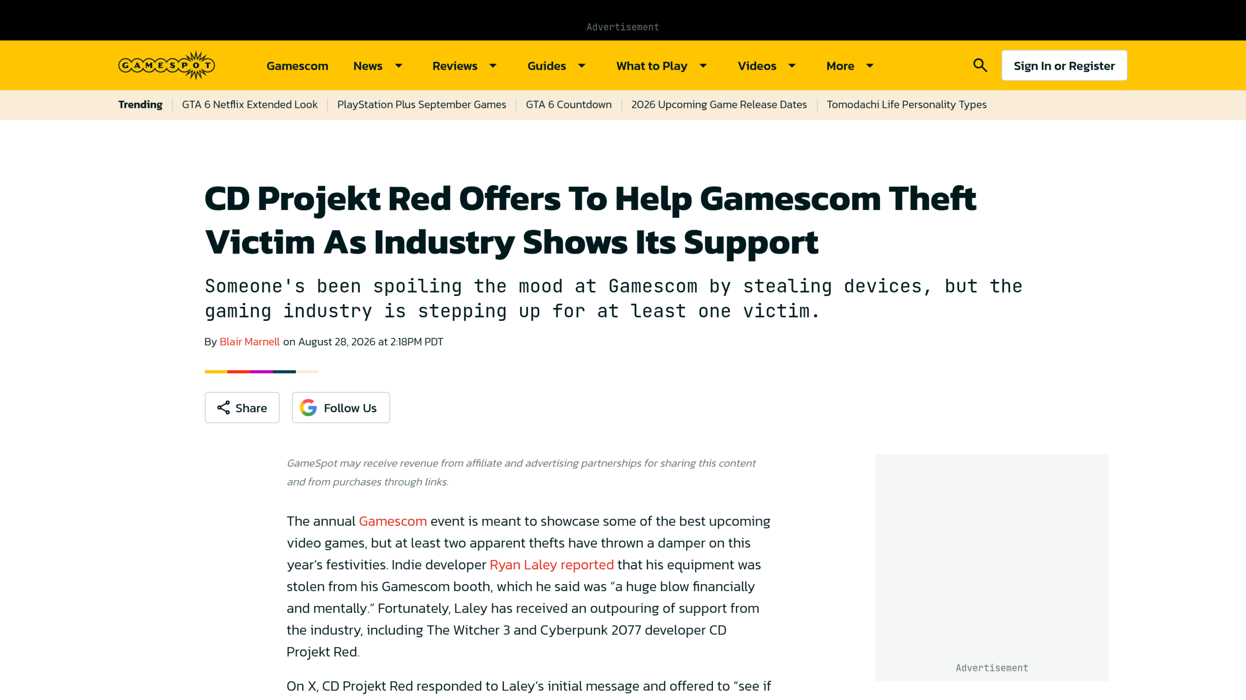 Page de GameSpot titrée sur l'offre d'aide de CD Projekt Red à la victime du vol, avec la signature du journaliste Blair Marnell et la date du 28 août 2026