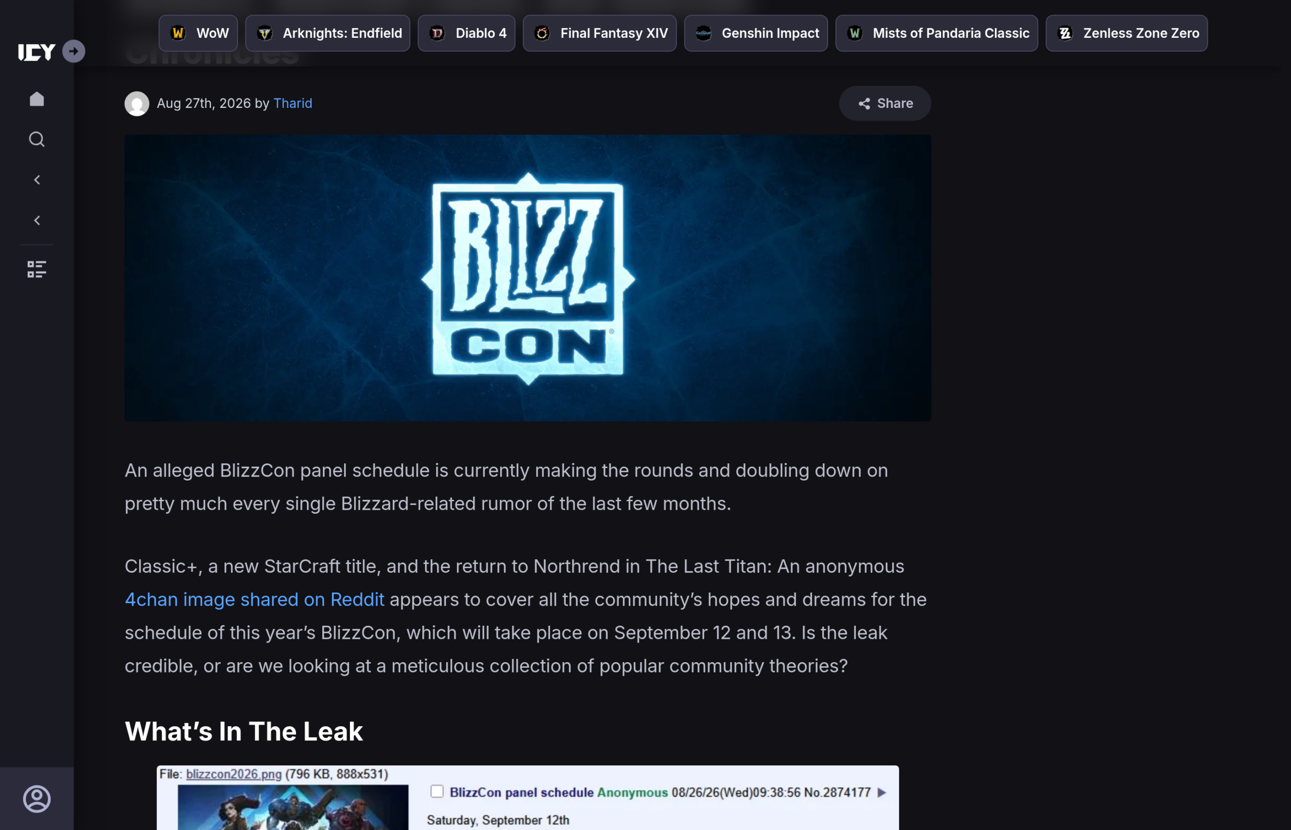 Article d'Icy Veins du 27 août 2026 signé Tharid, sous le logo BlizzCon, qui interroge la crédibilité de la fuite