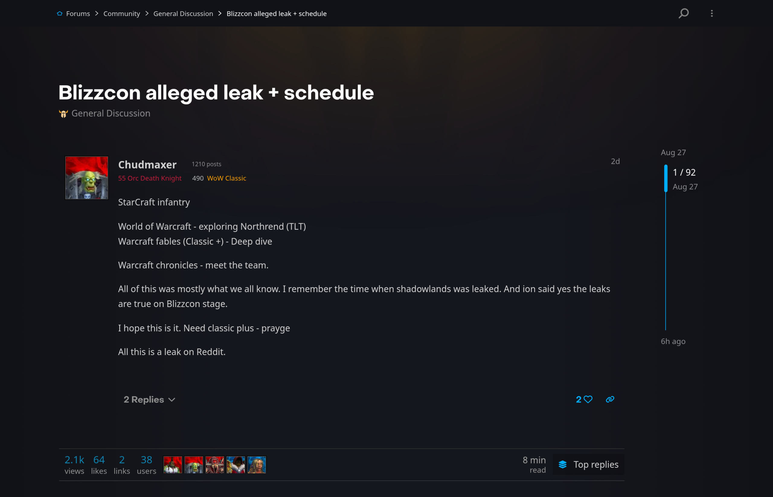 Fil de discussion sur les forums Blizzard intitulé « Blizzcon alleged leak + schedule », avec 92 réponses et 2 100 vues