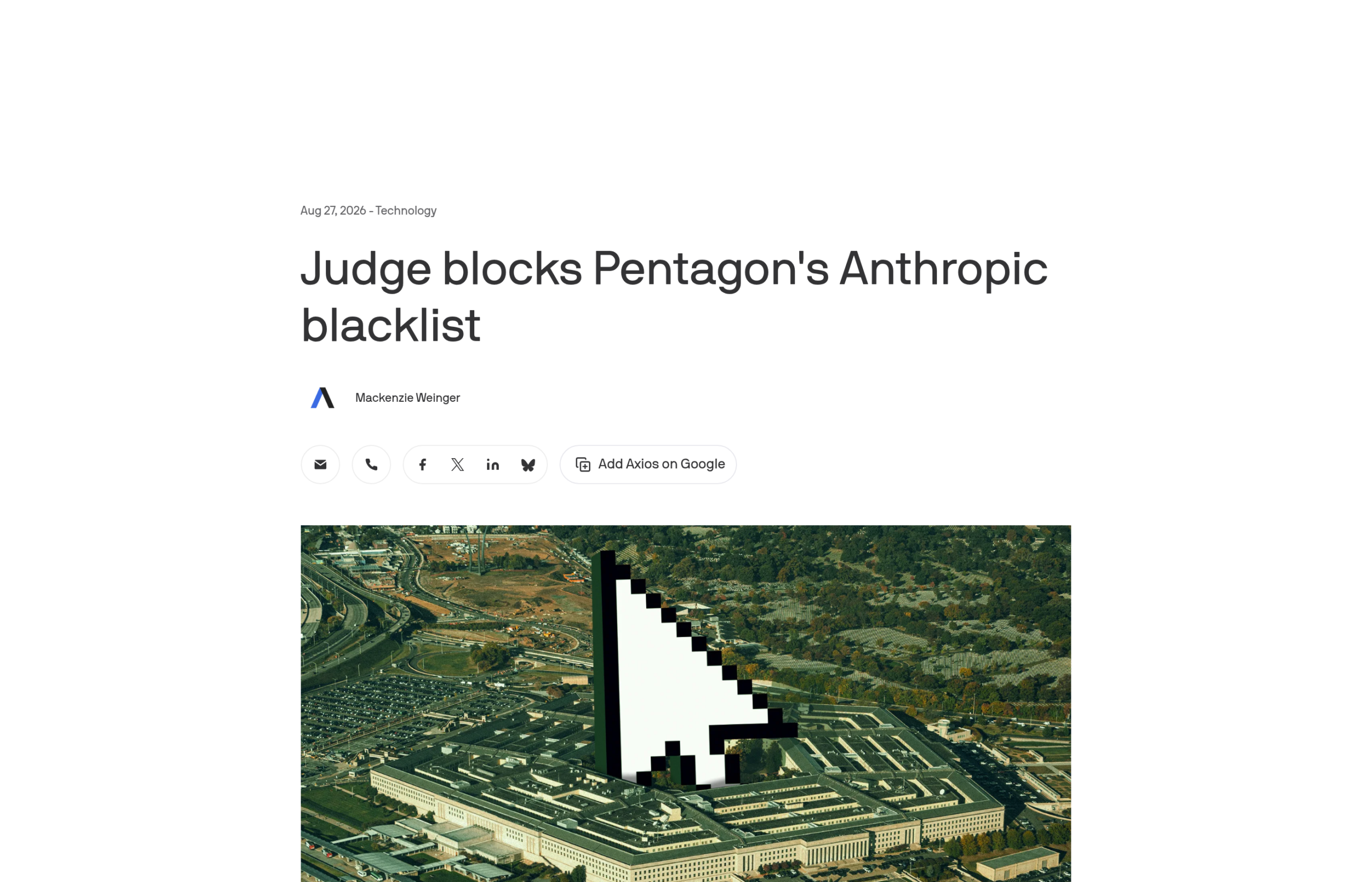Article d'Axios daté du 27 août, illustré par une vue aérienne du Pentagone traversée par un curseur de souris