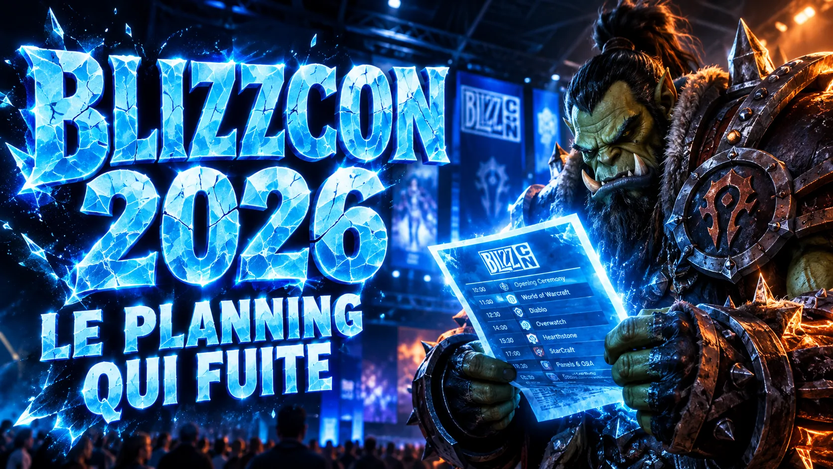 Un guerrier orc en armure lit une feuille de programme lumineuse dans une salle de convention, sous un lettrage de glace