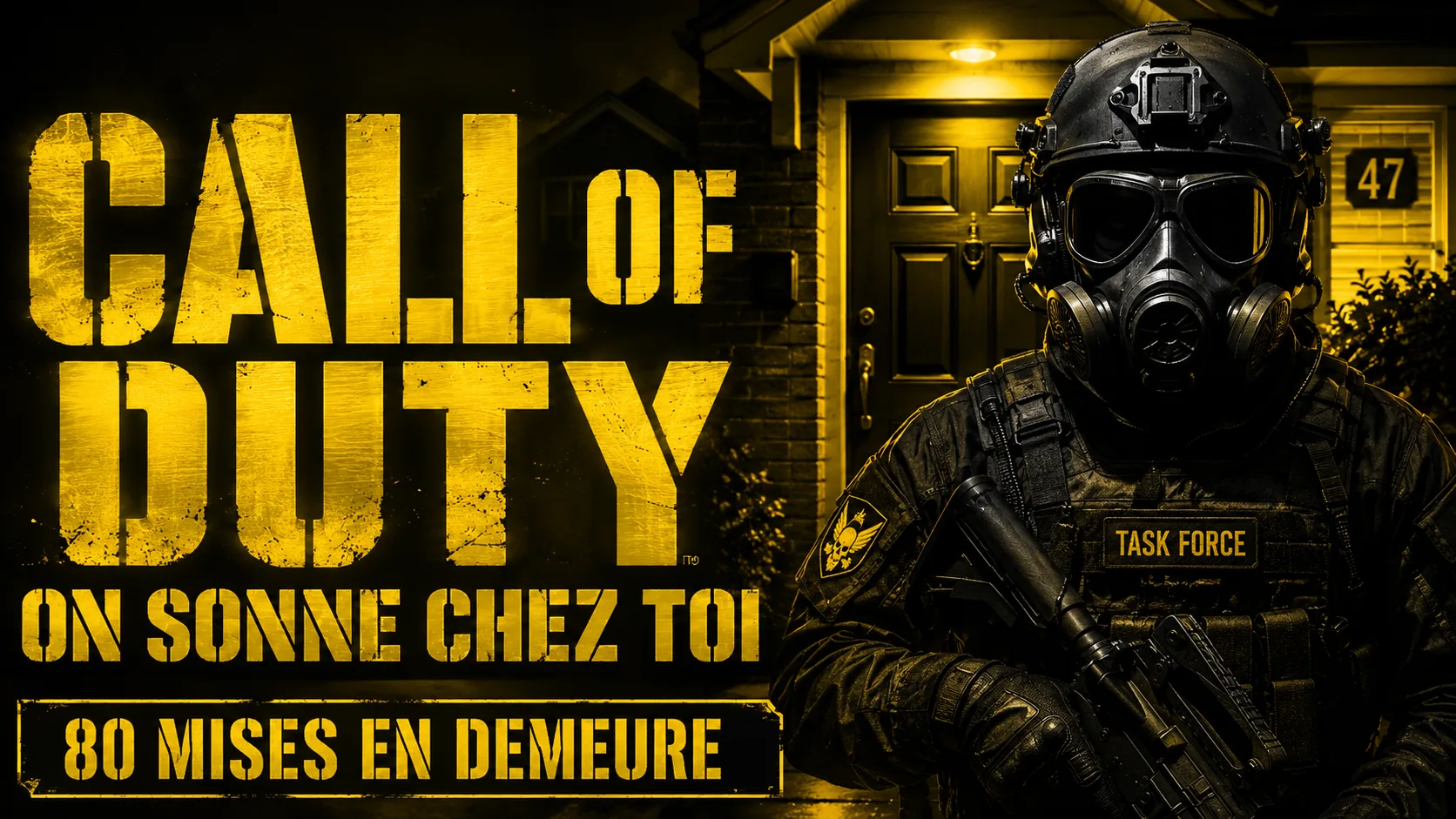 Triche Call of Duty : un soldat masqué devant la porte d'une maison de banlieue, illustration de la mise en demeure filmée par Activision