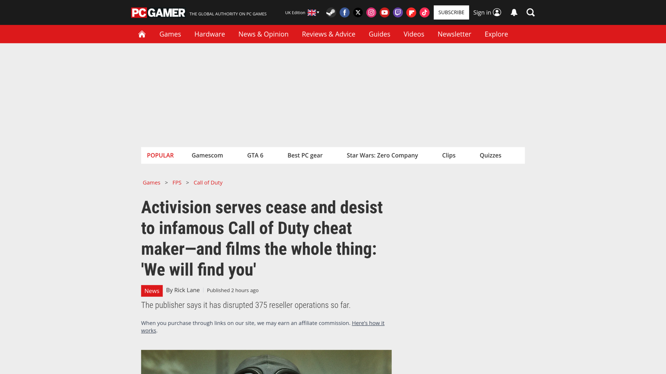 La une de PC Gamer du 30 août 2026, article de Rick Lane annonçant 375 opérations de revente perturbées