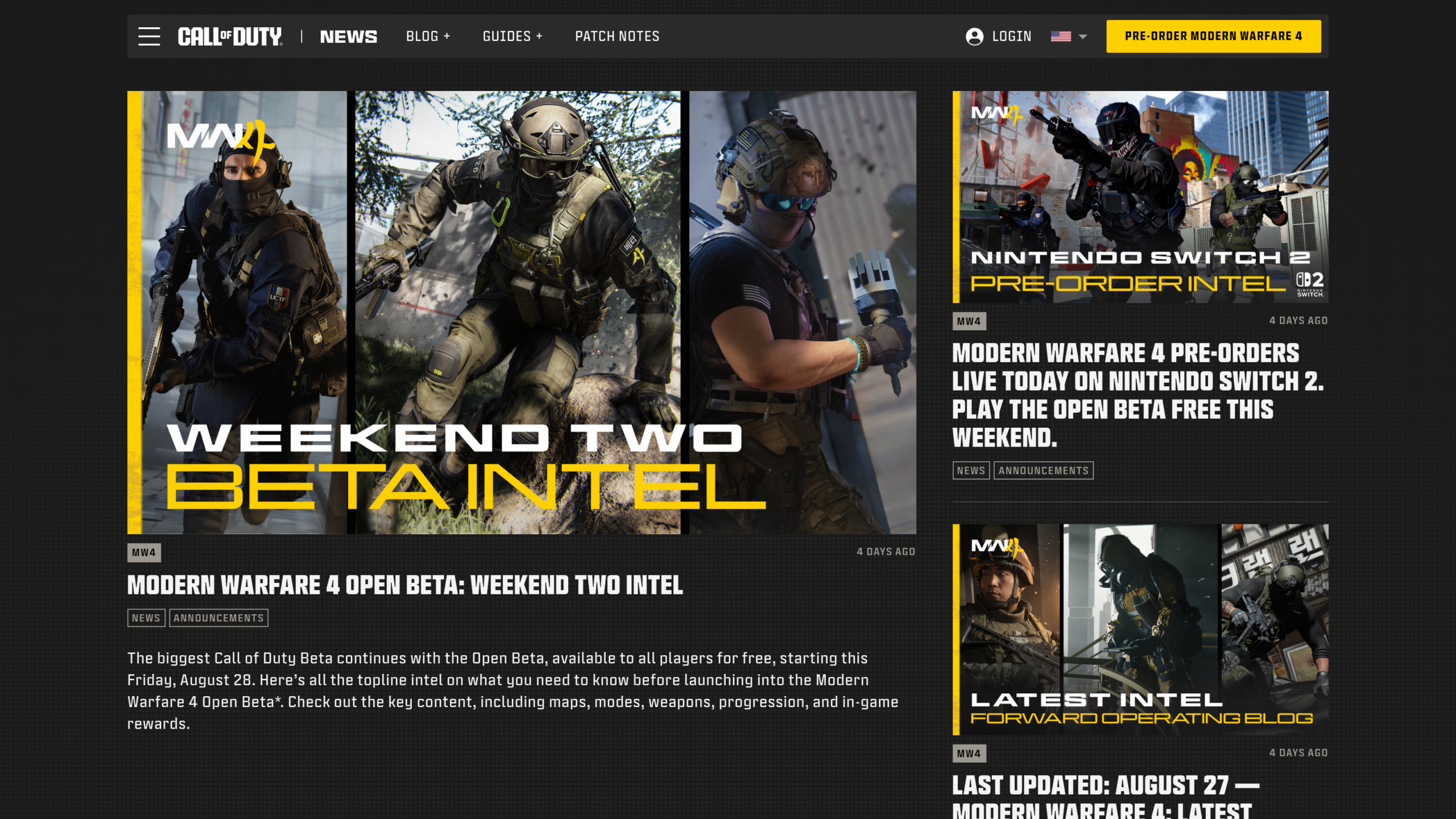 Le blog officiel Call of Duty annonçant la bêta ouverte Weekend Two de Modern Warfare 4