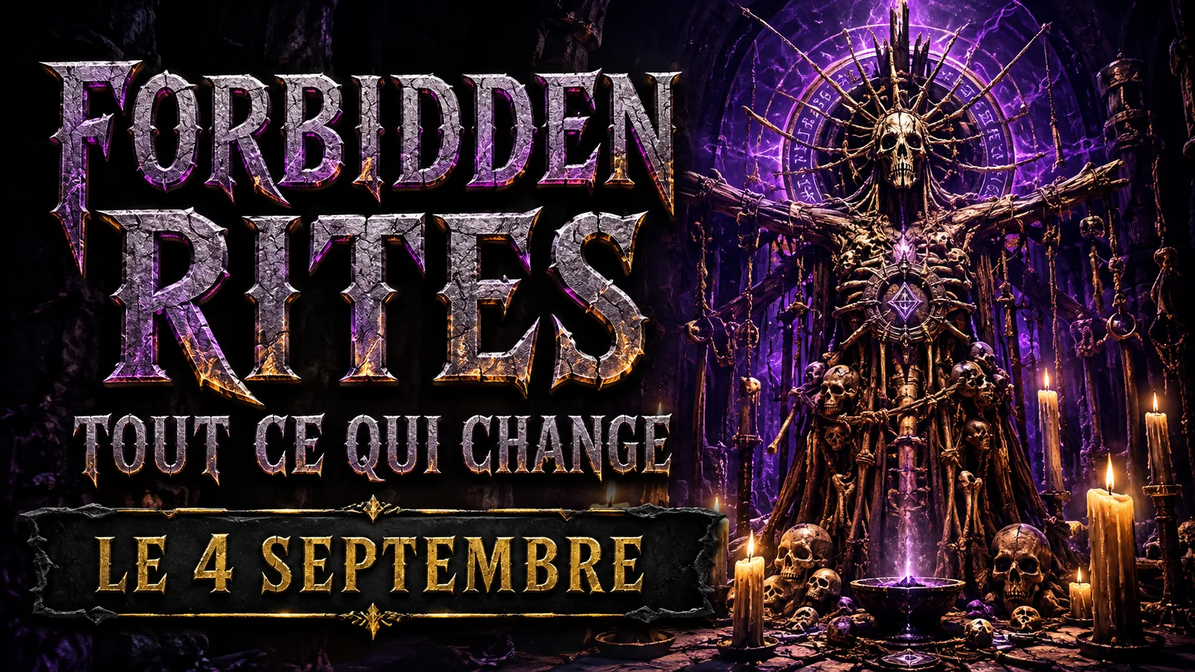 Une effigie rituelle de bois et d'os dressée dans un sanctuaire souterrain, entourée de bougies allumées et d'une lueur violette, visuel de la ligue Forbidden Rites