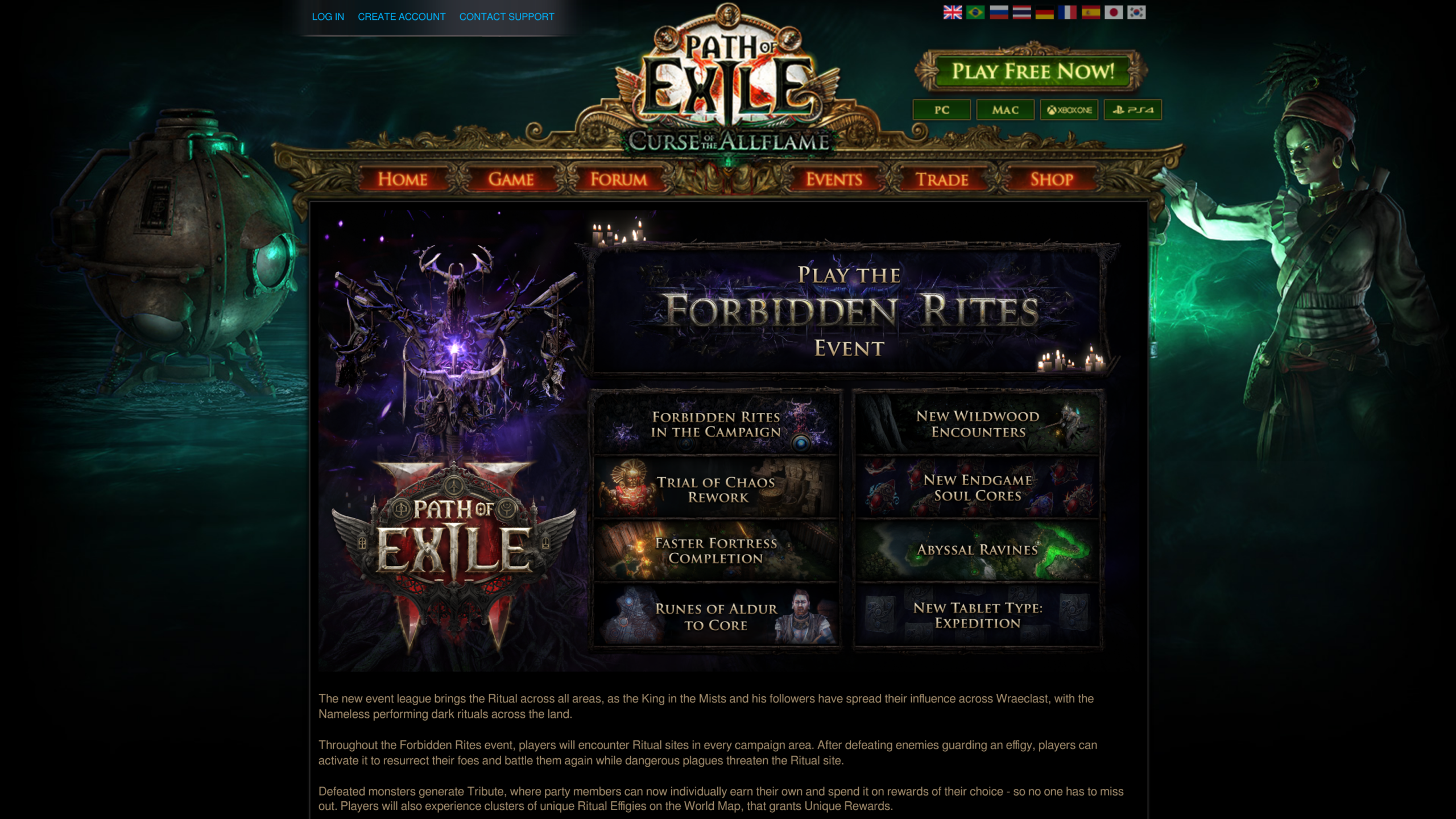 Page du communiqué de Grinding Gear Games du 27 août 2026, montrant les huit encadrés de nouveautés dont Trial of Chaos Rework et Abyssal Ravines
