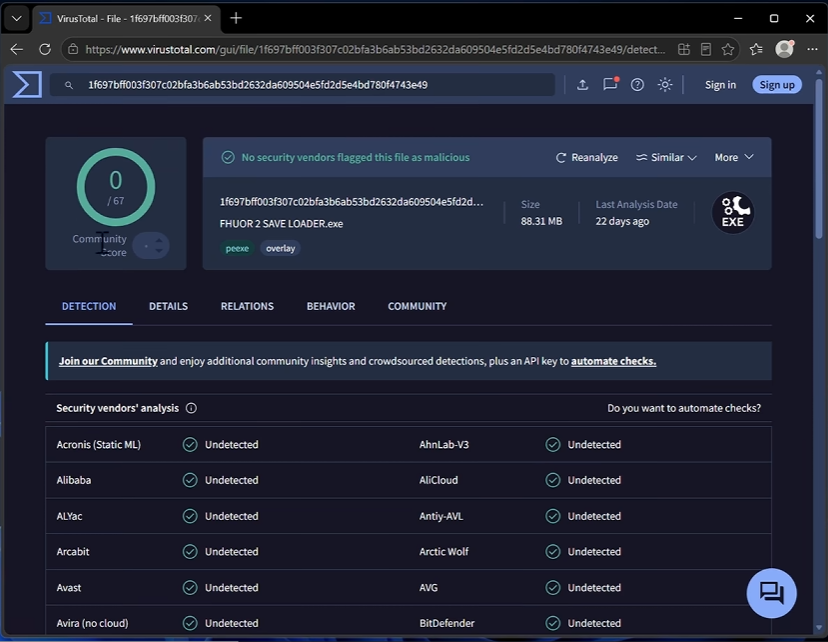 Fiche VirusTotal du fichier FHUOR 2 SAVE LOADER.exe : aucun des 67 moteurs antivirus ne signale ce malware Steam, pour un fichier de 88,31 Mo analysé il y a 22 jours.