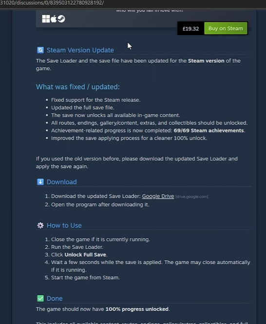 Message publié sur un forum Steam Community, intitulé « Steam Version Update », listant des correctifs et promettant 69 succès sur 69 avec 100 % de la progression débloquée, accompagné d'un lien de téléchargement.