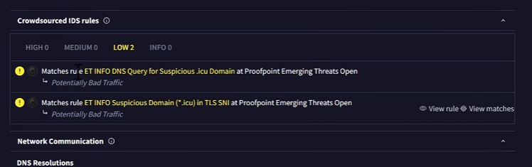 Section des règles de détection réseau croisées sur VirusTotal, avec deux alertes de faible gravité liées à des requêtes vers un domaine en .icu, libellées « trafic potentiellement mauvais ».