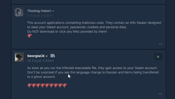 Deux commentaires publiés sous le message Steam : le premier alerte sur un voleur d'identifiants qui cible le compte Steam, les mots de passe et les cookies, le second décrit un compte piraté, une interface passée en russe et des objets envoyés vers un compte fantôme.