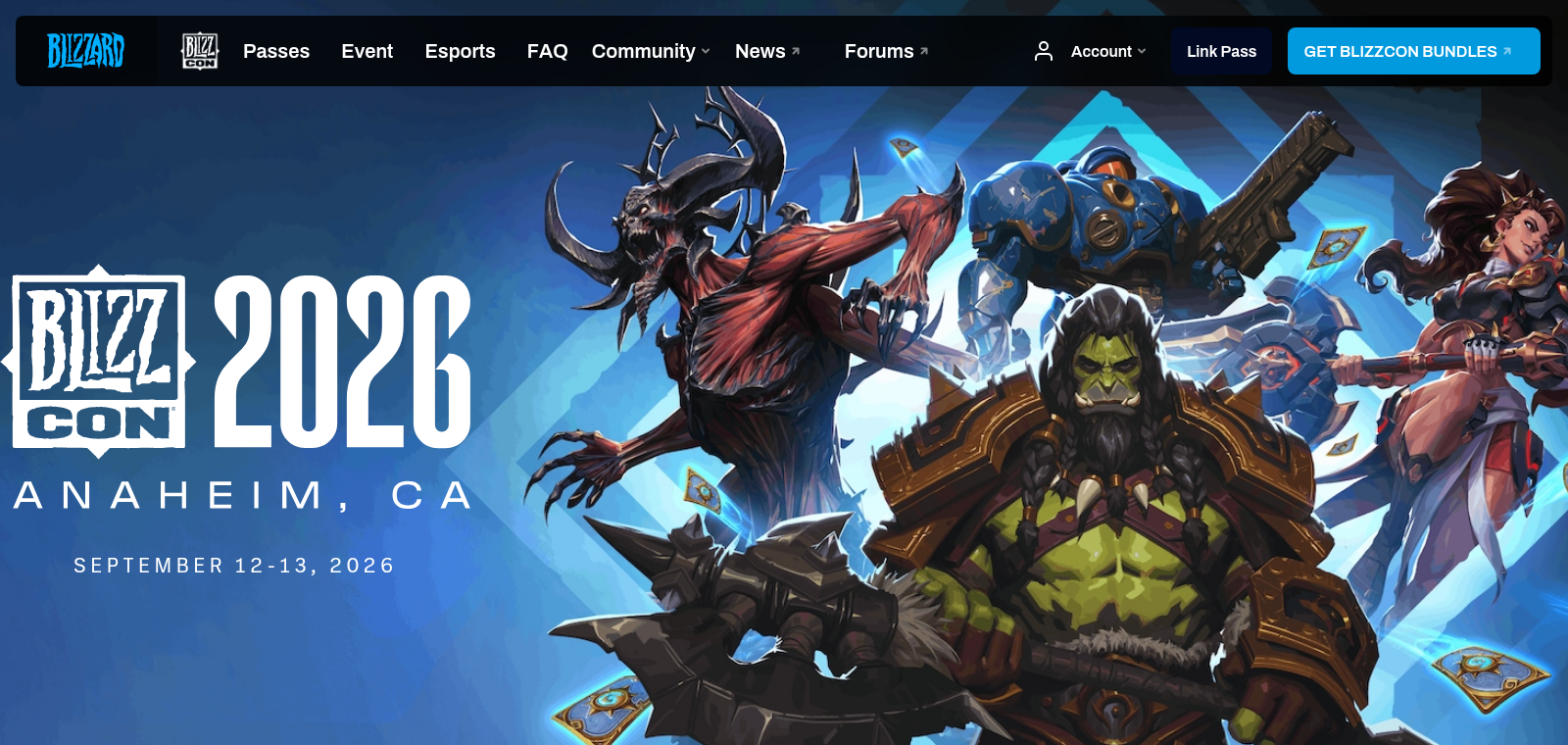 Le bandeau du site officiel de la BlizzCon 2026 annonçant Anaheim, du 12 au 13 septembre 2026