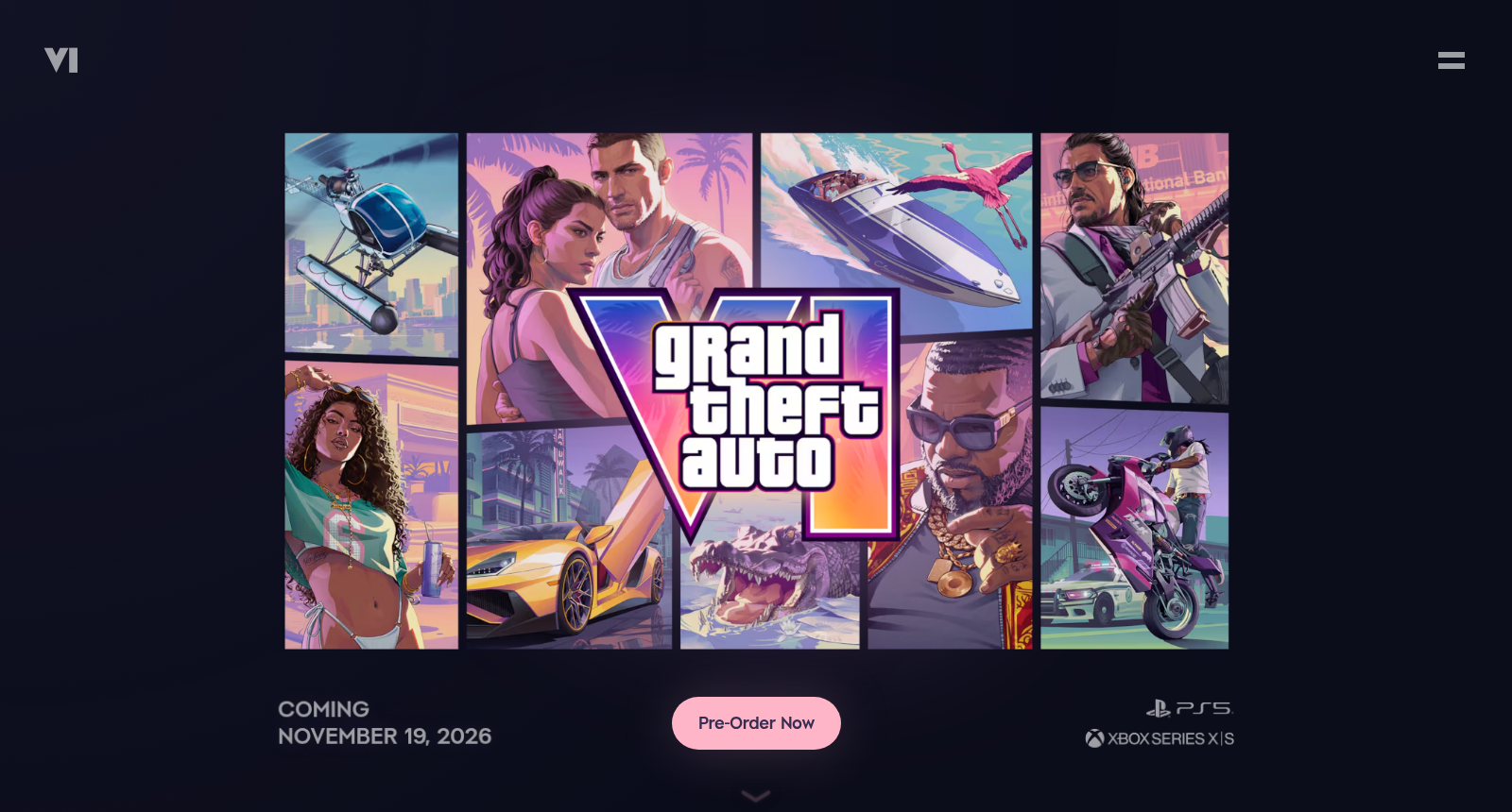 Le visuel officiel de Grand Theft Auto VI sur le site de Rockstar, avec Jason et Lucia au centre et la date de sortie
