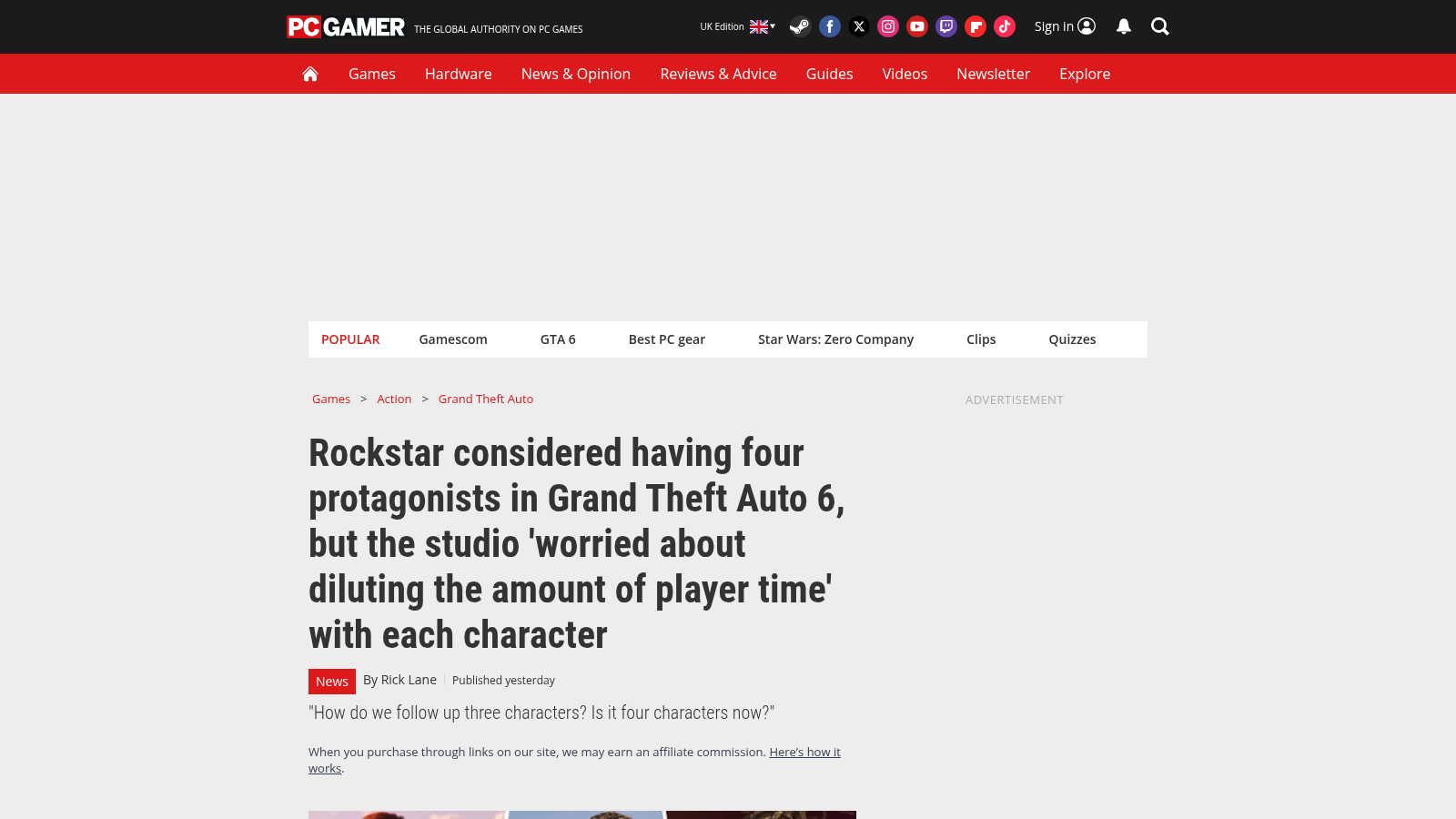 La une de PC Gamer du 29 août 2026 sur les quatre protagonistes envisagés par Rockstar
