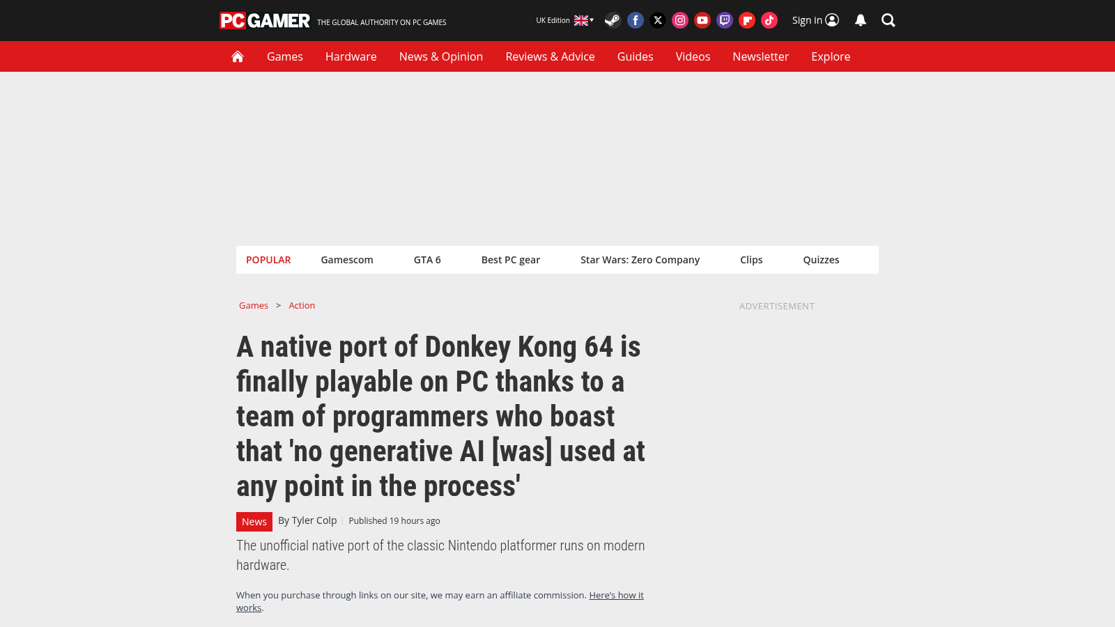 La une de PC Gamer du 29 août 2026 sur le portage PC de Donkey Kong 64