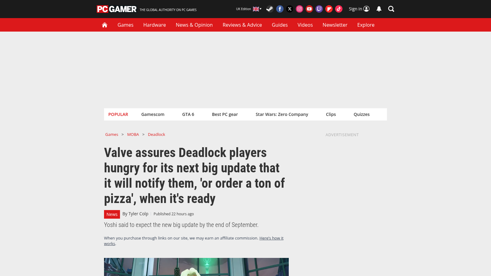 La une de PC Gamer du 29 août 2026 annonçant le report de la mise à jour de Deadlock