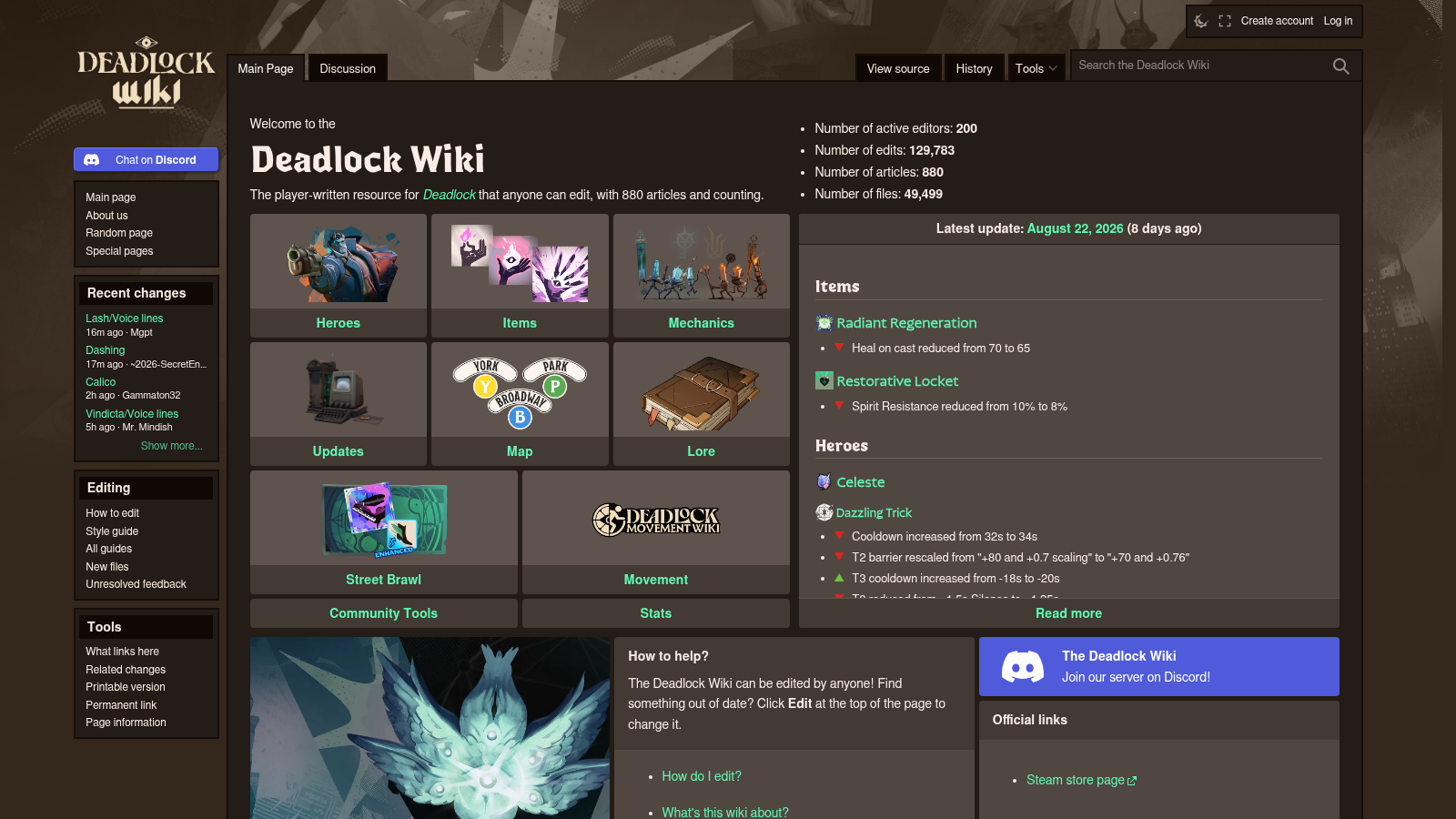 La page d'accueil du wiki communautaire de Deadlock affichant la date de la dernière mise à jour