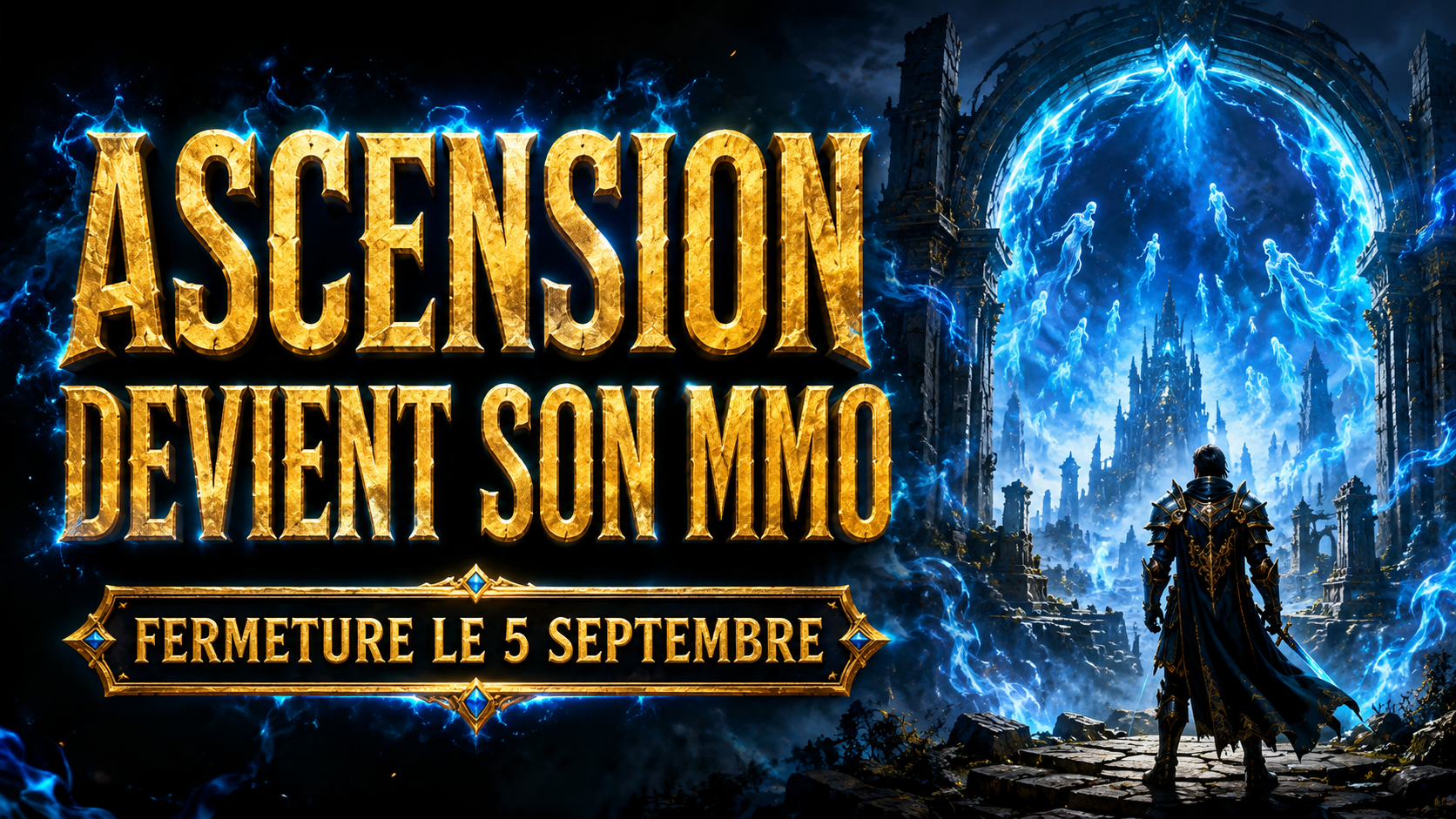 MMO Ascension : un heros en armure de dos contemple un portail d'ames bleues au-dessus d'une cite en ruines