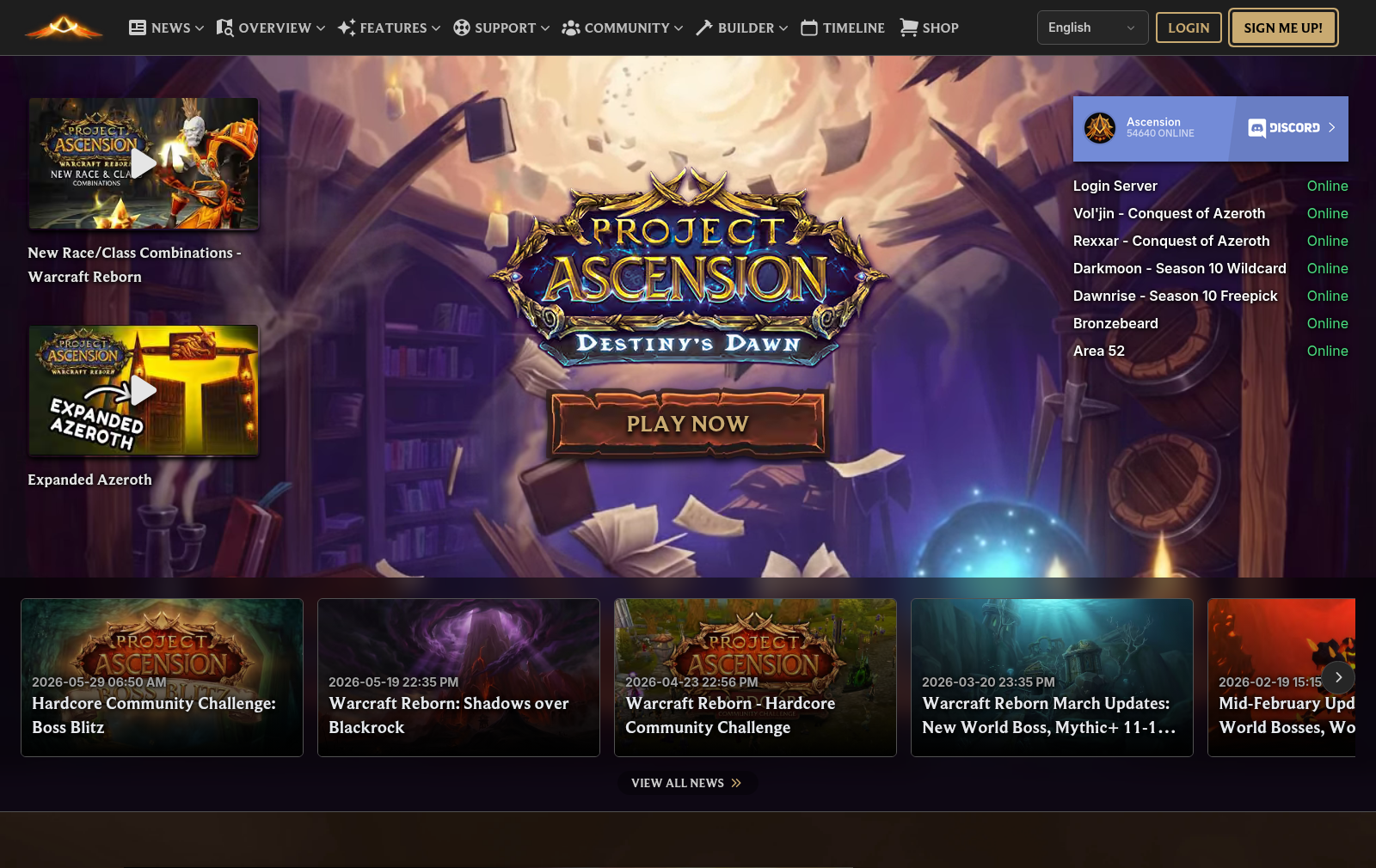 Page d'accueil du site ascension.gg avec son bouton de lancement, la colonne des sept royaumes marques en ligne et le compteur de connectes sur Discord