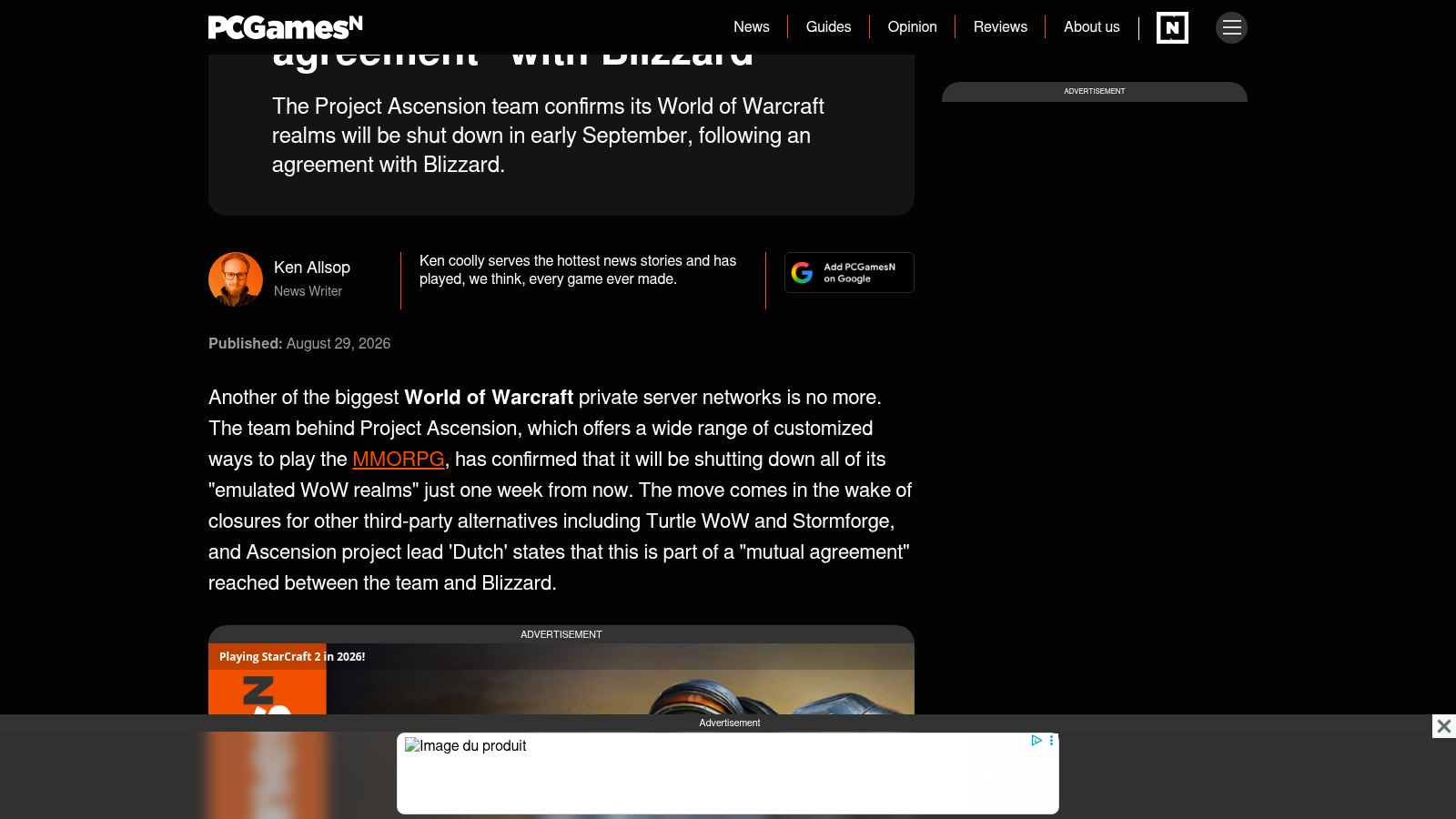 Page de l'article de PCGamesN sur la fermeture de Project Ascension, avec son chapo, la signature du journaliste et la date de publication