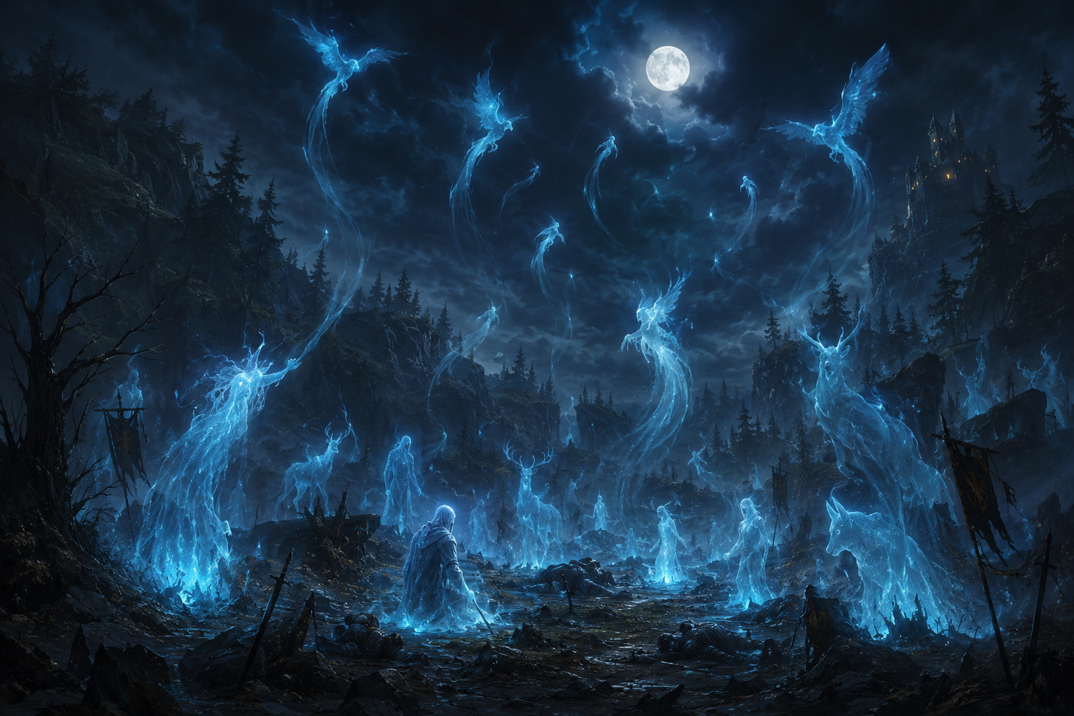 Des esprits bleus translucides s'elevent du sol dans une clairiere sombre la nuit, parmi des silhouettes fantomatiques immobiles