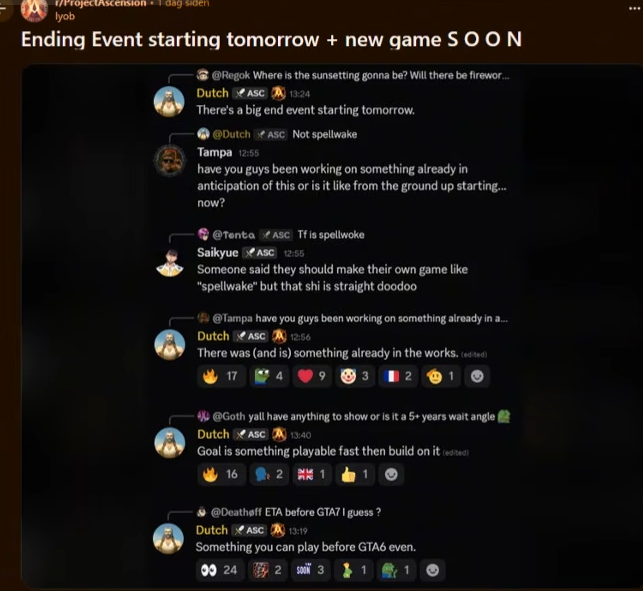 Un fil Reddit r/ProjectAscension qui recense des réponses de Dutch données dans le Discord officiel, avec le nombre de réactions sous chaque message