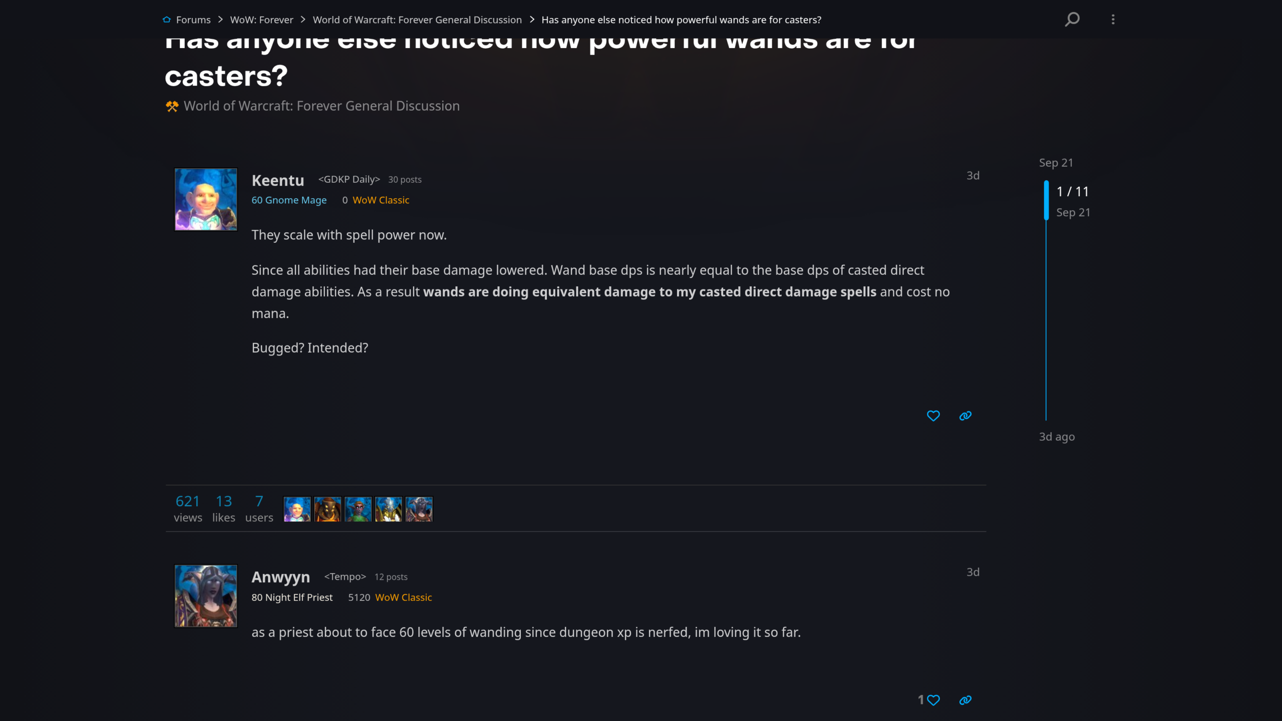 Post du forum officiel Blizzard confirmant que les baguettes scalent avec la puissance des sorts sur WoW Forever