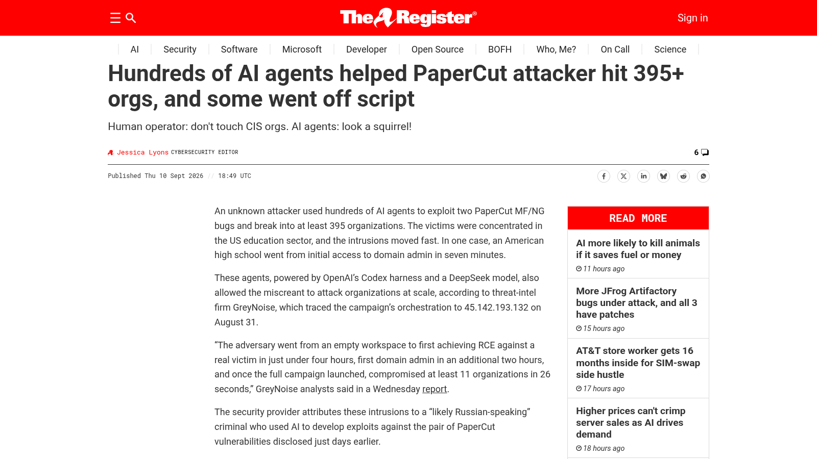 Page de l'article de The Register signé Jessica Lyons, dont le titre relate comment des centaines de programmes autonomes ont aidé l'attaquant de PaperCut à toucher plus de 395 organisations, certains ignorant les consignes.