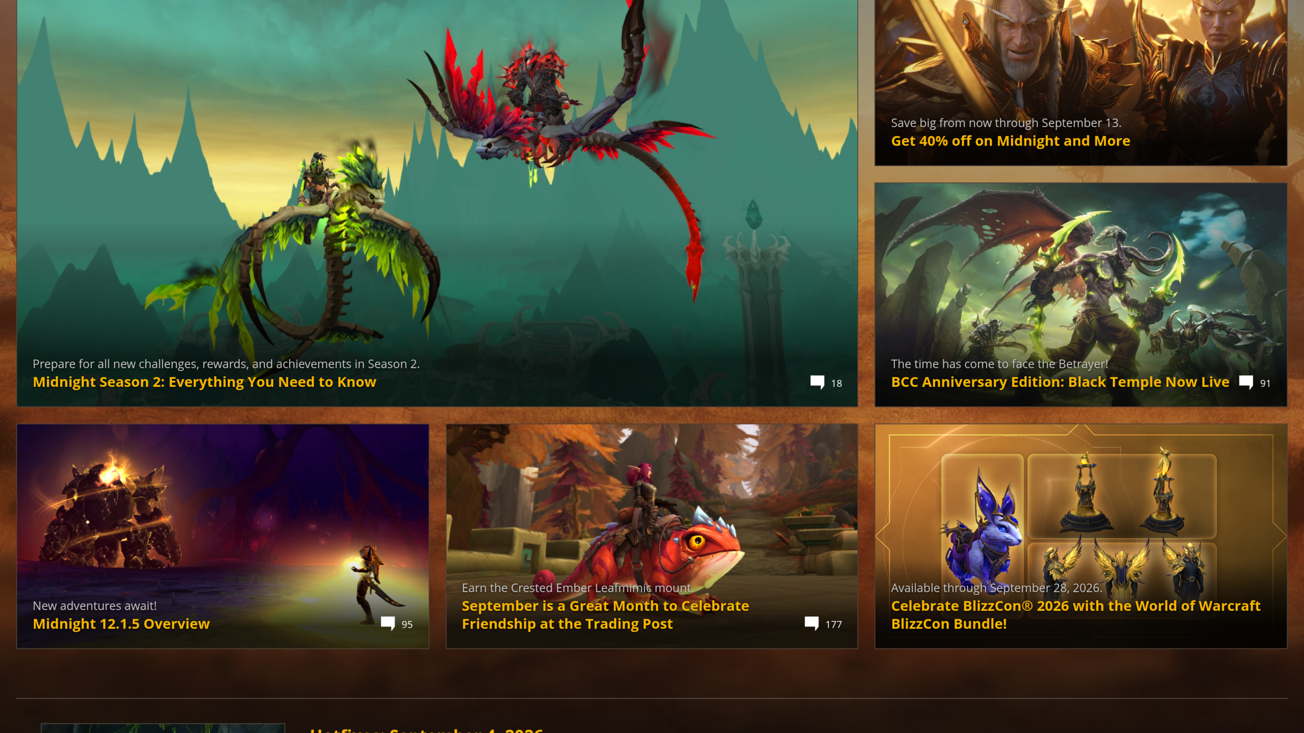 Page d'actualités de World of Warcraft affichant l'annonce du Temple noir pour les royaumes Anniversaire