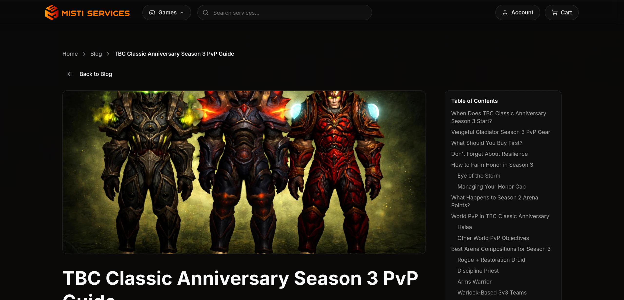 Guide PvP Saison 3 de Misti Services montrant les trois sets Gladiateur vindicatif