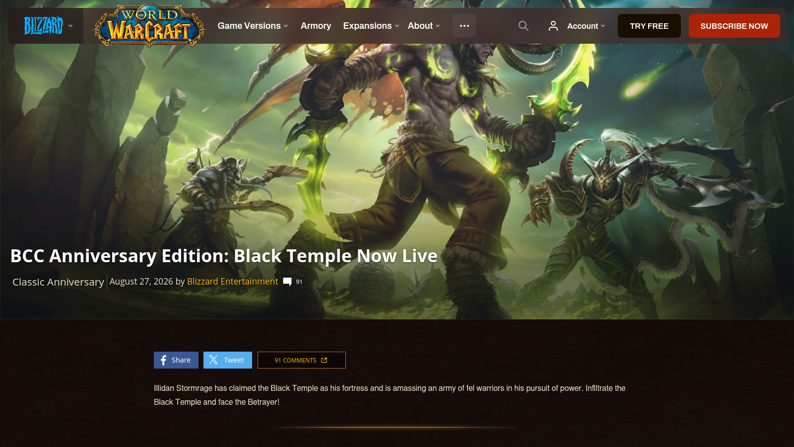 Illustration d'Illidan Sombrage sur la page d'actualité officielle de World of Warcraft consacrée à l'ouverture du Temple noir et au lancement de la Saison 3 d'arène.