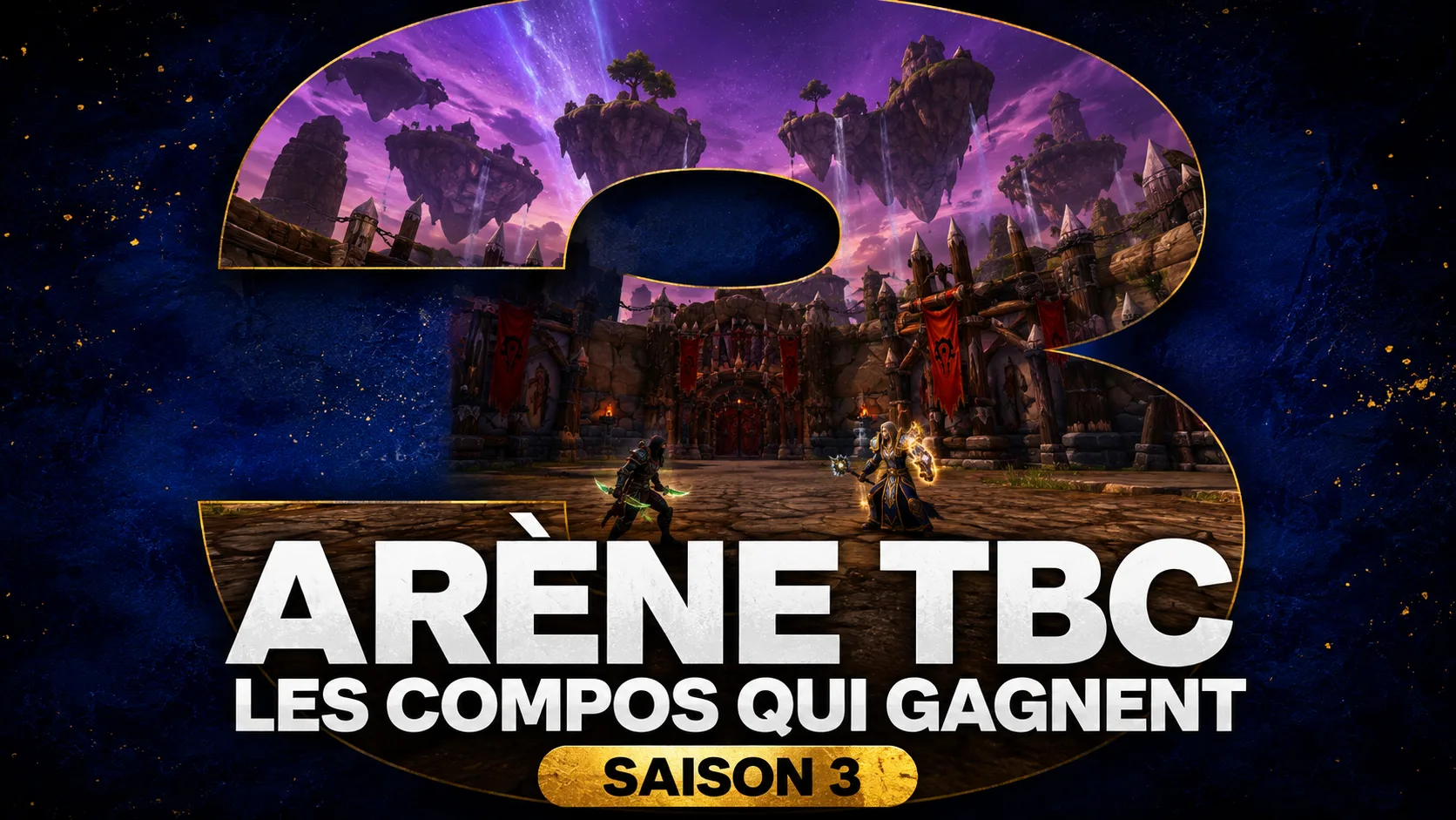 compos arène TBC : Deux joueurs s'affrontent en duel dans une arène extérieure de World of Warcraft, sous un ciel orageux, dans un décor d'Outreterre.