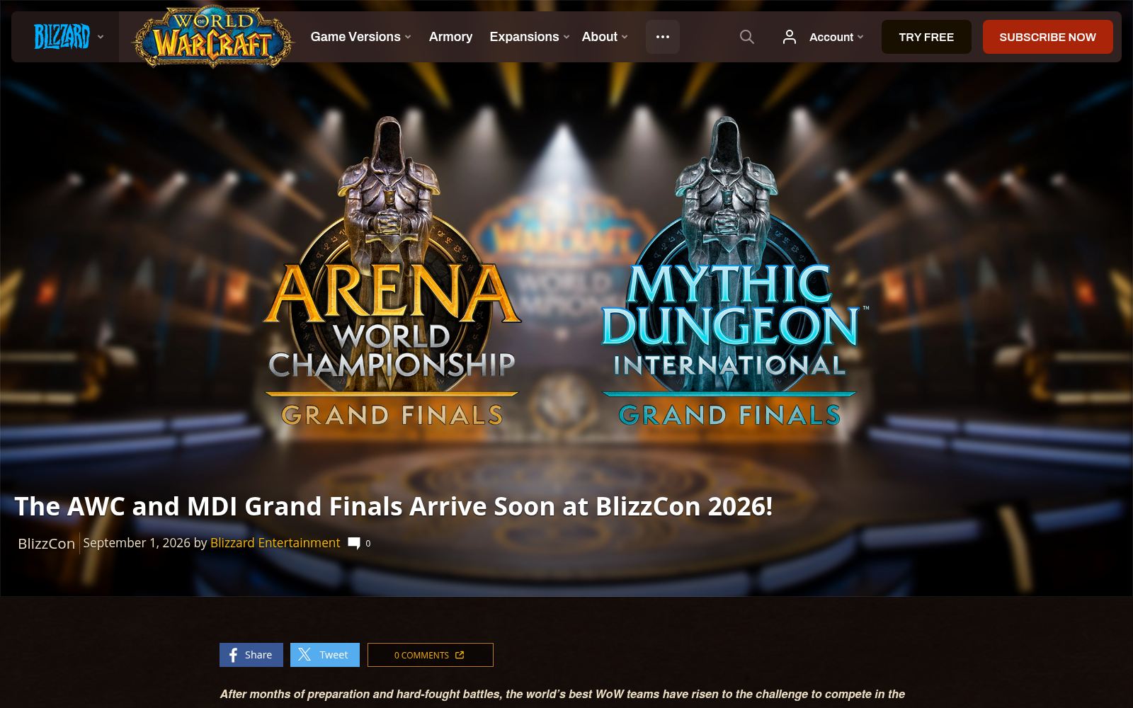 Bandeau annonçant le retour de l'AWC et du MDI Grand Finals à la BlizzCon 2026 sur le site officiel de Blizzard.