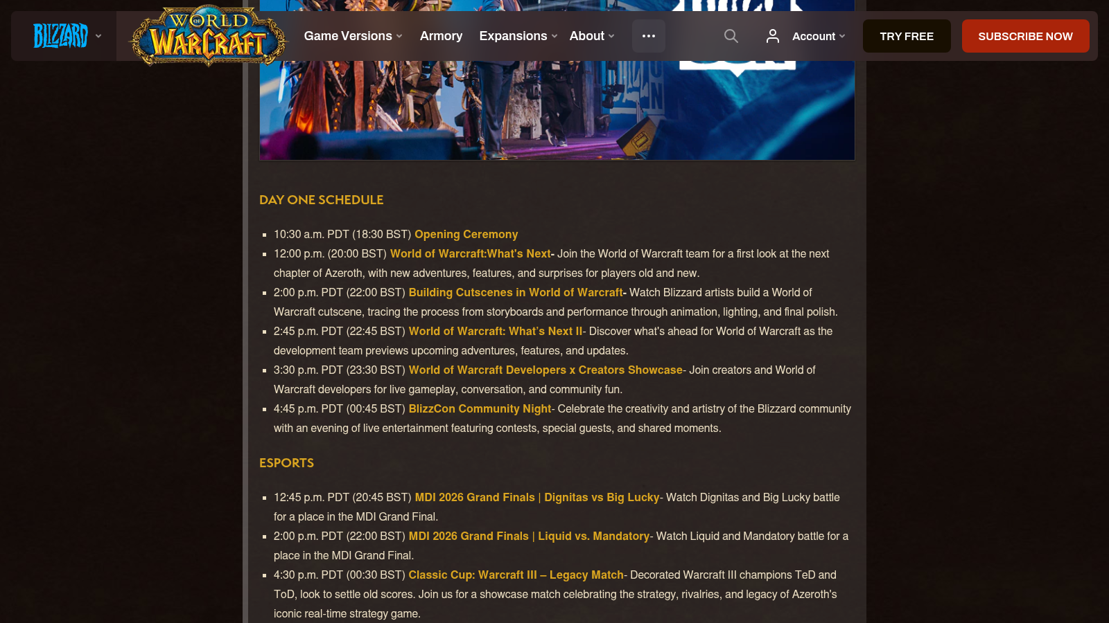 Programme du premier jour de la BlizzCon 2026 avec les horaires des panels et des matchs de MDI.
