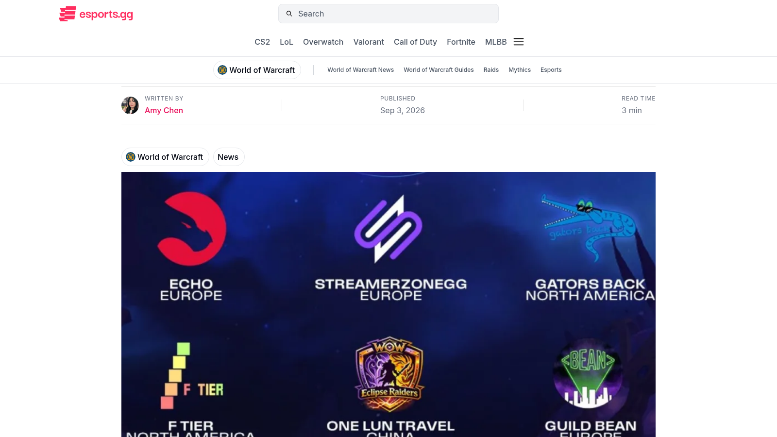 Logos des six équipes qualifiées avec leurs régions, Europe, Amérique du Nord et Chine, sur esports.gg.