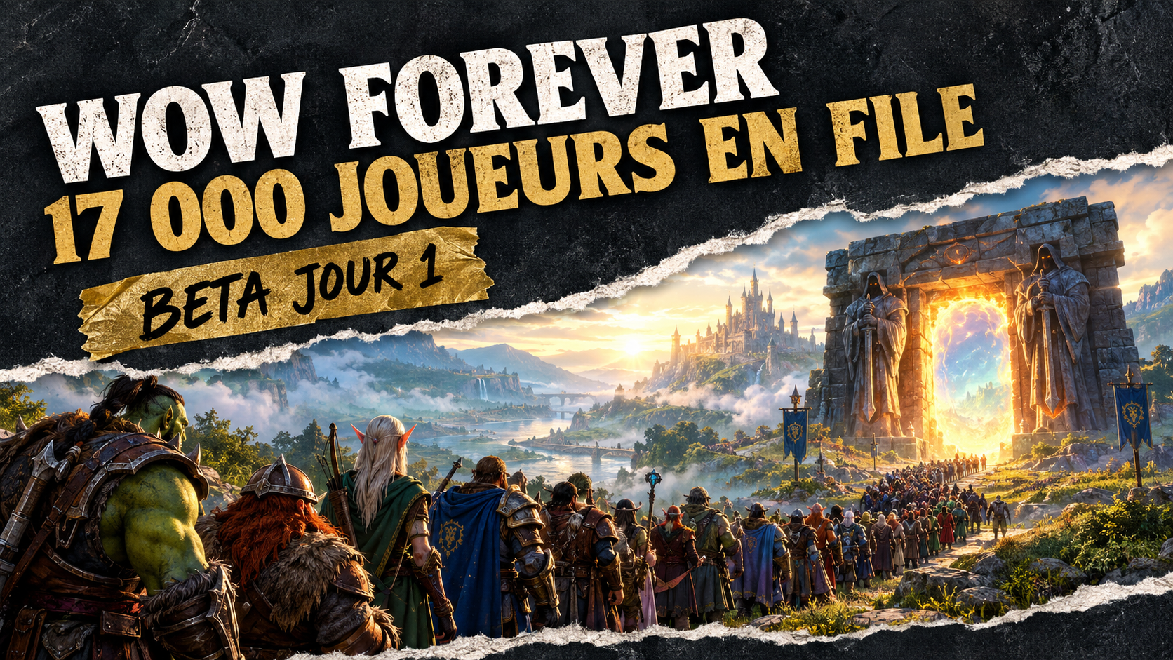 Bêta WoW Forever : une file d'aventuriers, orc, nain et elfe en tête, s'étire jusqu'à un portail de pierre lumineux, texte « 17 000 joueurs en file » et étiquette « Beta jour 1 »