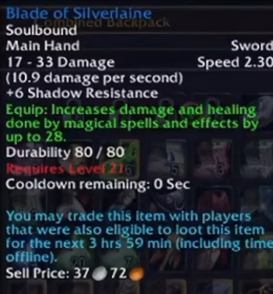 Infobulle de la Blade of Silverlaine, épée à une main de niveau 21 avec 28 points de dégâts et soins des sorts