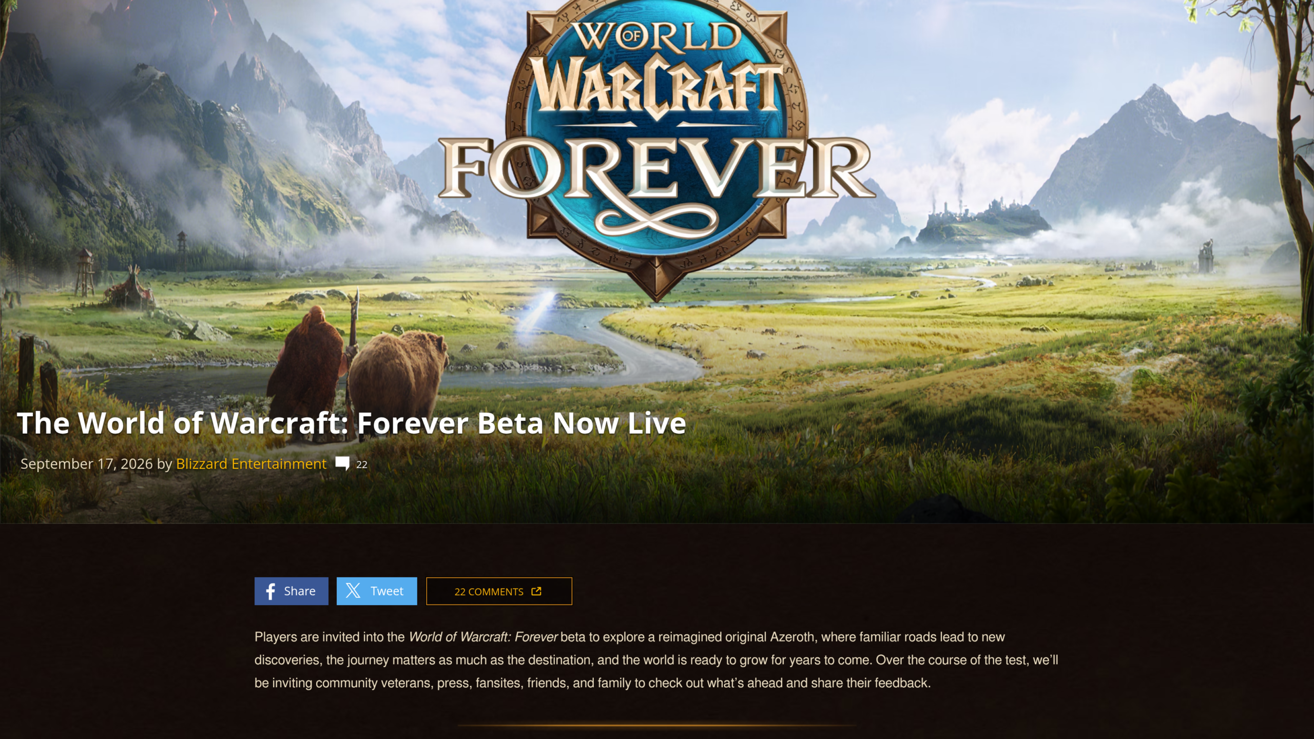 Annonce officielle de Blizzard du 17 septembre 2026, The World of Warcraft Forever Beta Now Live, avec le logo du jeu sur une vallée verdoyante