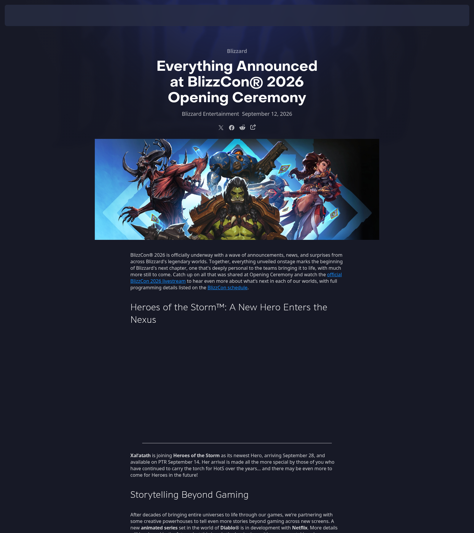 Page officielle Blizzard « Everything Announced at BlizzCon 2026 Opening Ceremony », une section par jeu avec key art et logos.