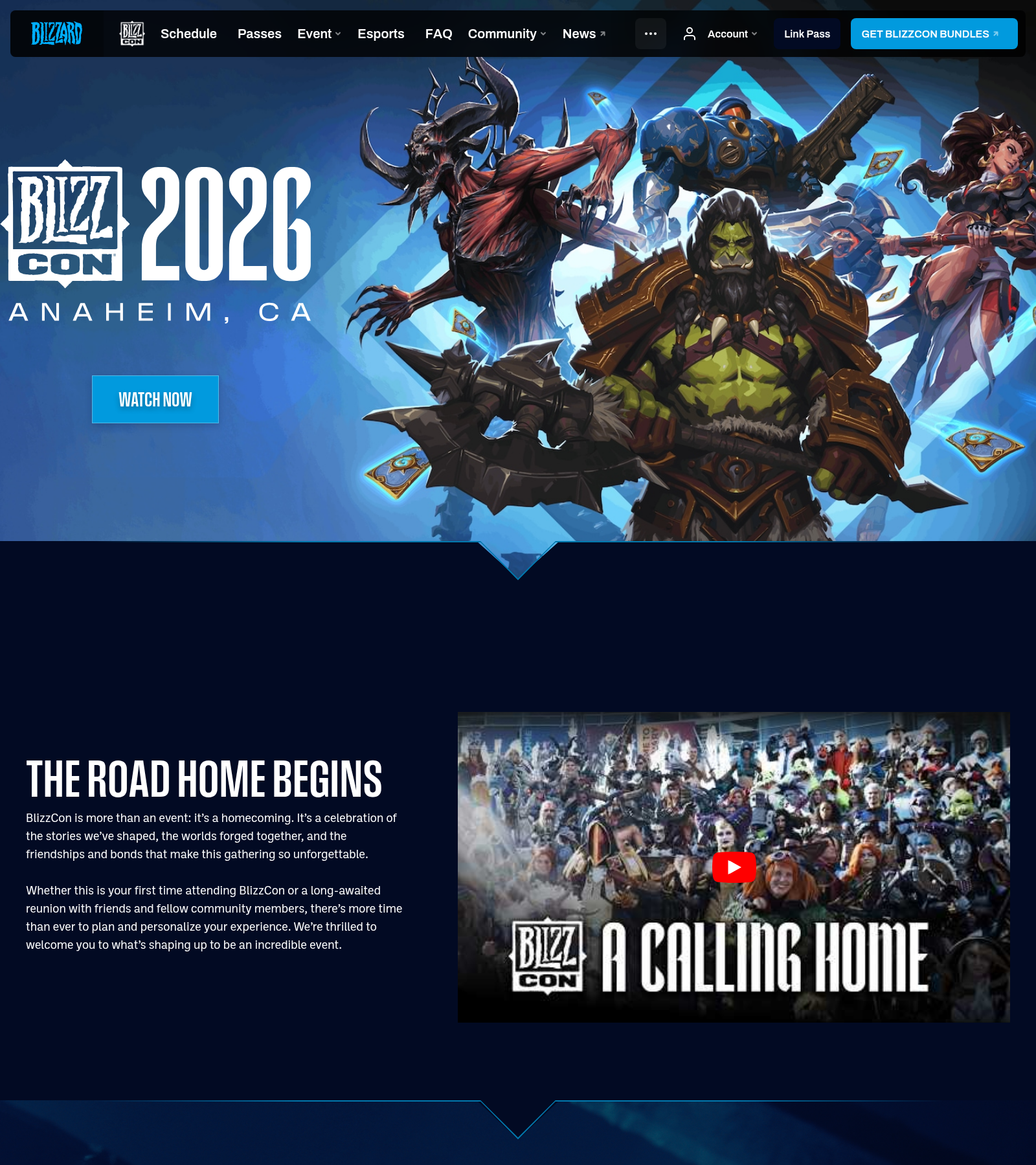 Page d'accueil du site officiel de la BlizzCon avec le visuel de l'édition 2026 et les actualités du week-end.