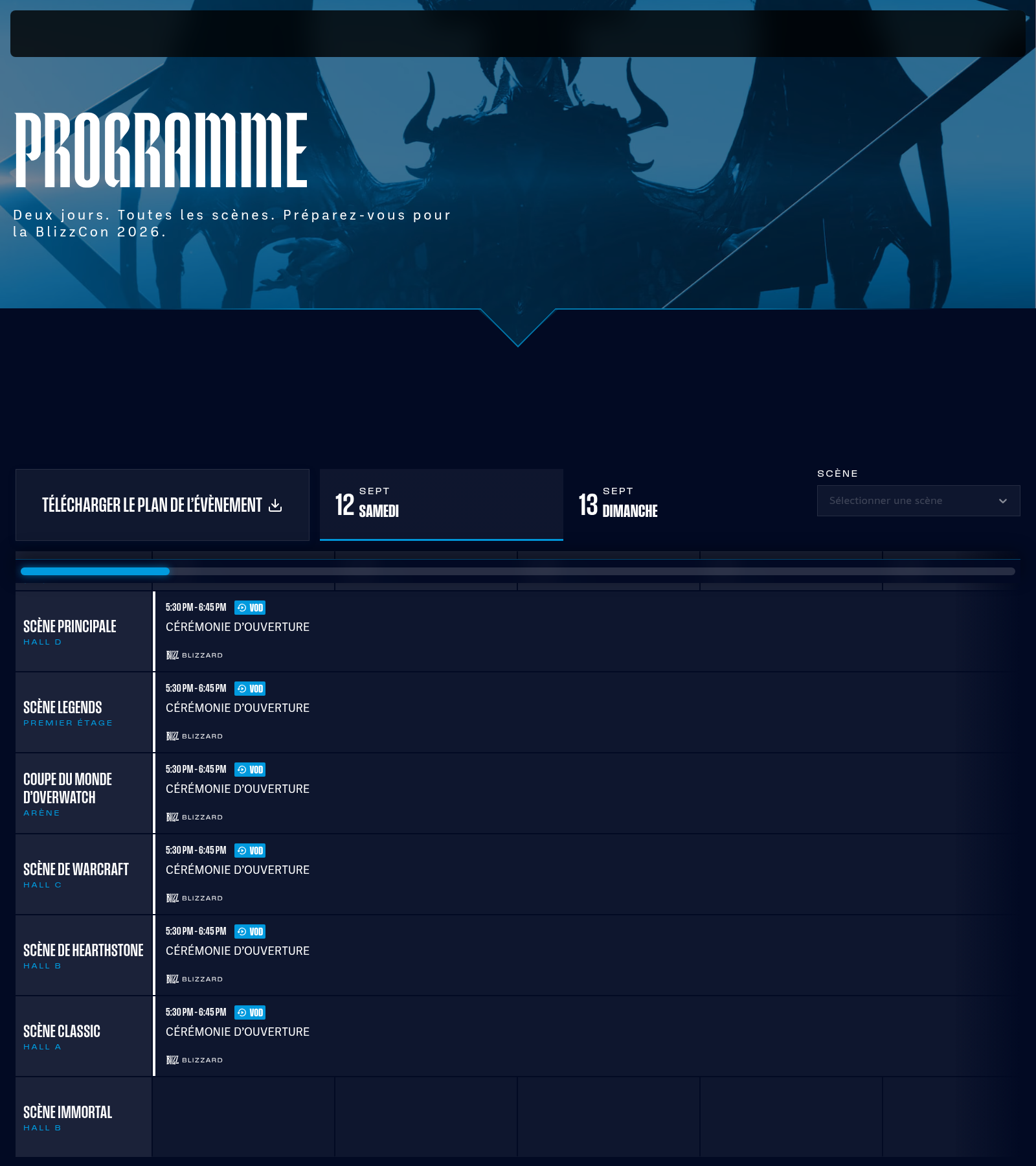 Page « Programme » du site BlizzCon en français, planning des scènes du samedi 12 et du dimanche 13 septembre 2026.