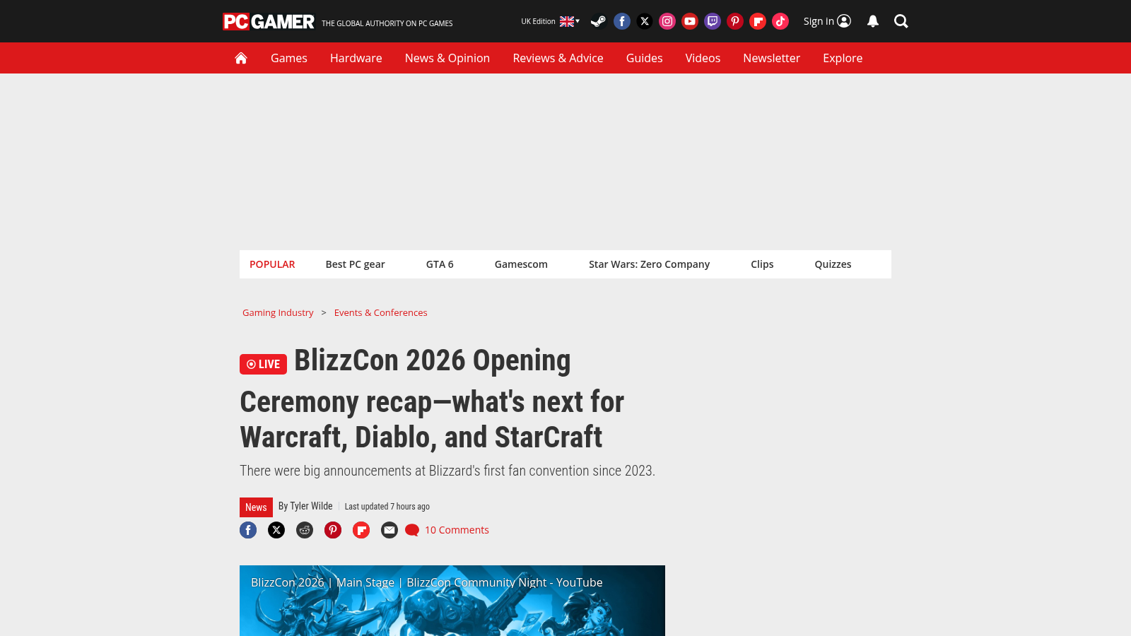 Article PC Gamer en direct « BlizzCon 2026 Opening Ceremony recap » par Tyler Wilde, avec la vidéo de la scène principale intégrée.