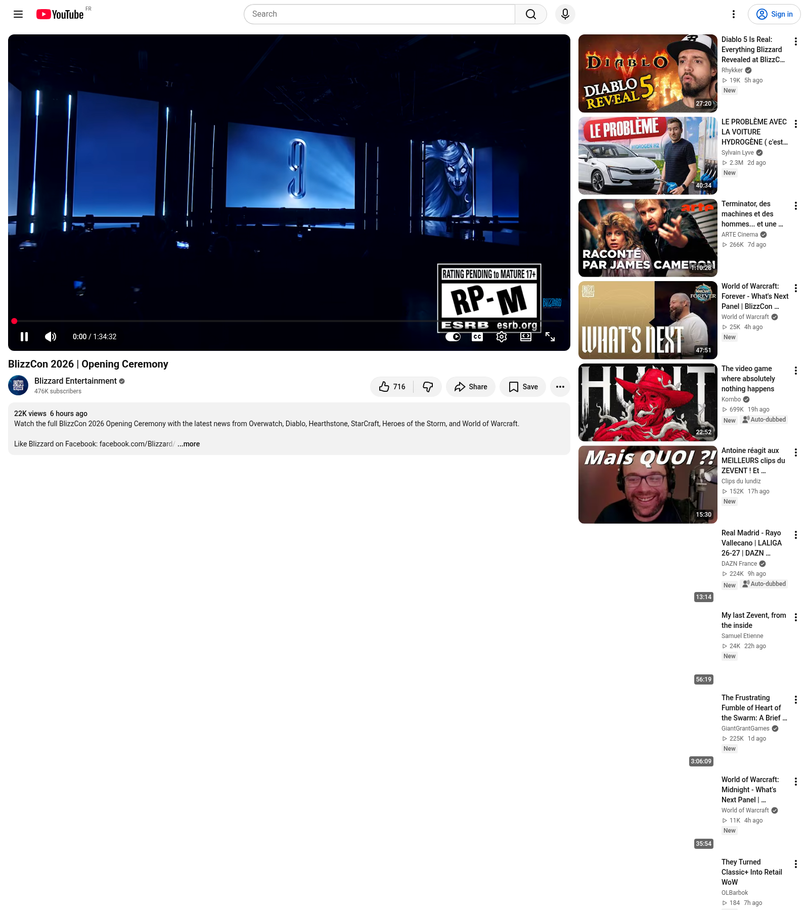 Page YouTube de la vidéo « BlizzCon 2026 | Opening Ceremony » publiée par la chaîne Blizzard Entertainment, avec le lecteur et la description citant tous les jeux.