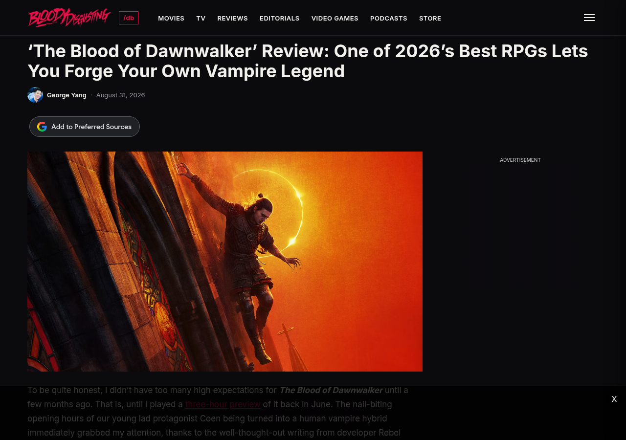 Une du test de Bloody Disgusting par George Yang, avec le visuel officiel de Coen suspendu à un vitrail devant une éclipse