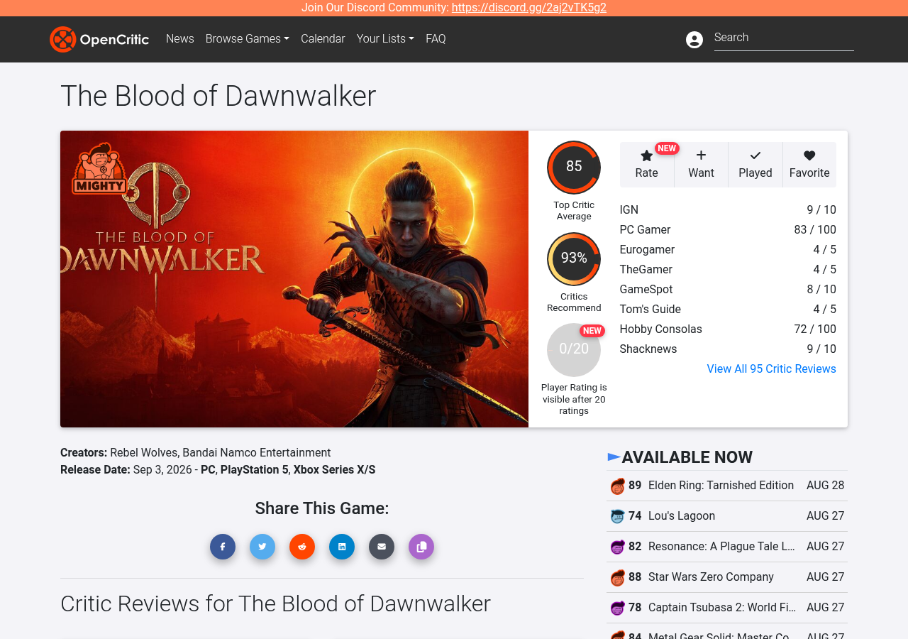 Page OpenCritic de The Blood of Dawnwalker : moyenne 85, 93 % de critiques qui recommandent, badge Mighty, notes IGN 9/10, PC Gamer 83, Eurogamer 4/5, GameSpot 8/10
